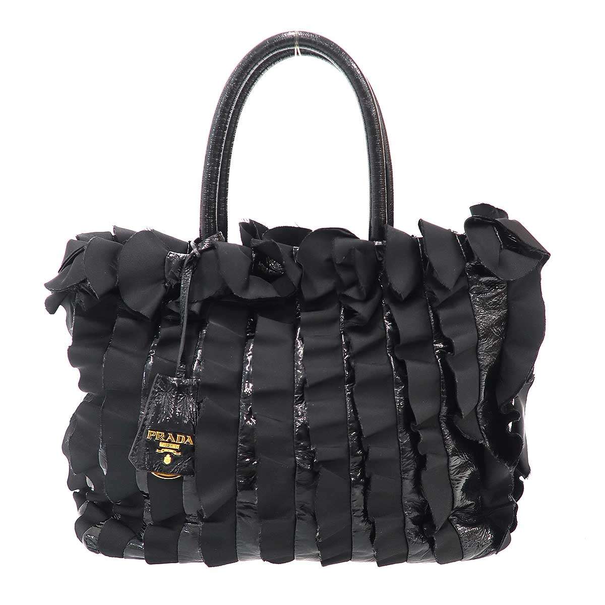 PRADA プラダ TESSUTO VERNICE フリルハンドバッグ BN1728 ブラック 【中古】 ITOT9IFOXZUU|MODESCAPE 店