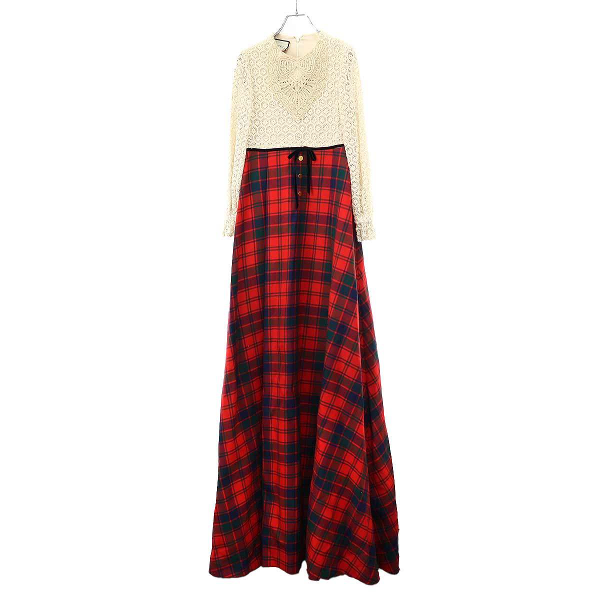 GUCCI グッチ SAMPLE/20AW チェックマキシドレスワンピース 637374 ZAFPT ベージュ レッド 【中古】 IT4PO1R8D7EO｜MODESCAPE 店