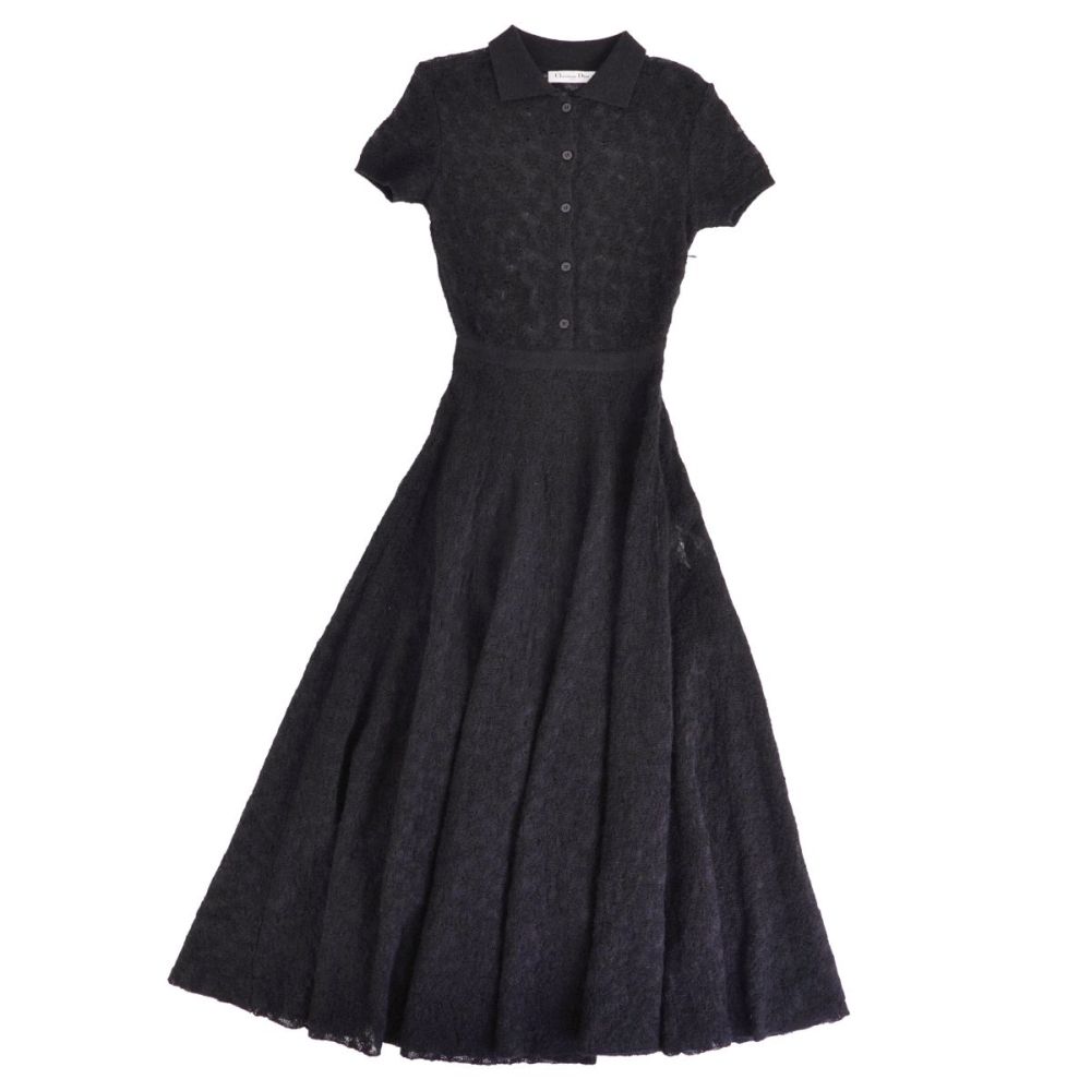 【極美品】ディオール Christian Dior 衣装 2023 ミッドレングス 太陽フレア プルオーバーお召しもの 遊撃手捩り 半袖 ナイロン モヘヤ レディース イタリア製 34(XS好いかげんに) 黒いこと【中古】