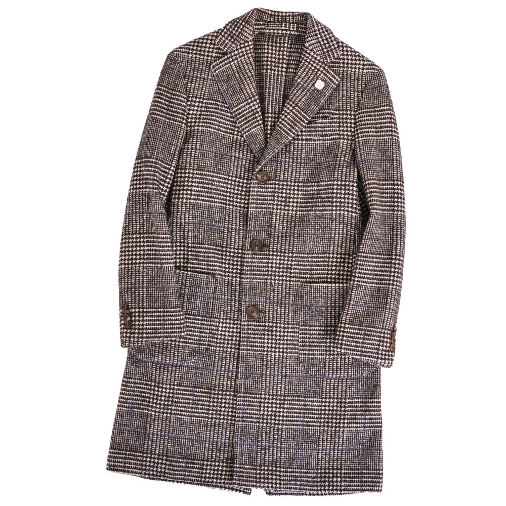 【美品】ラルディーニ LARDINI コート チェスターコート ロングコート チェック コットン ウール ツイード アウター メンズ イタリア製 42 ブラック/ホワイト【中古】