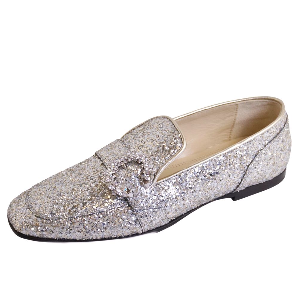 【新古品】ジミーチュウ JIMMY CHOO 置き目毛革 mani flat モカシン グリッター シューズ 靴 レディース イタリア製 36.5(23.5糎好いかげんに) しろがね色【中古】 レディース靴-ローファー-靴