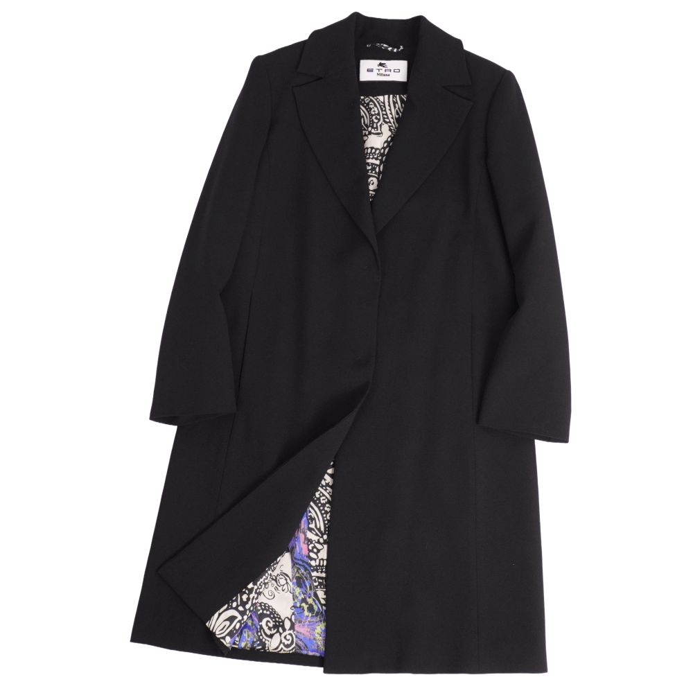 【極美品】エトロ ETRO 厚地の外套 チェスターコート ロング厚地の外套 羊毛 アウター レディース イタリア製 42(L好いかげんに) 黒いこと【中古】