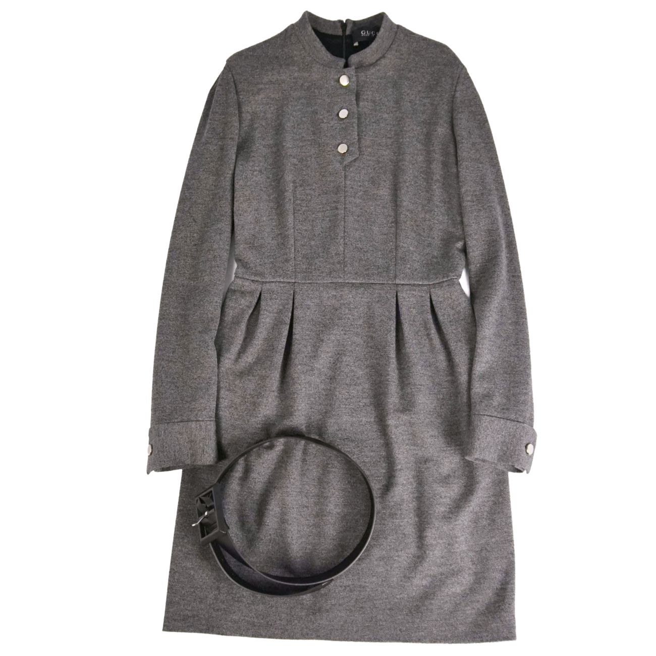 【極美品】グッチ GUCCI ワンピース レザーベルト ウール トップス レディース イタリア製 M グレー【中古】