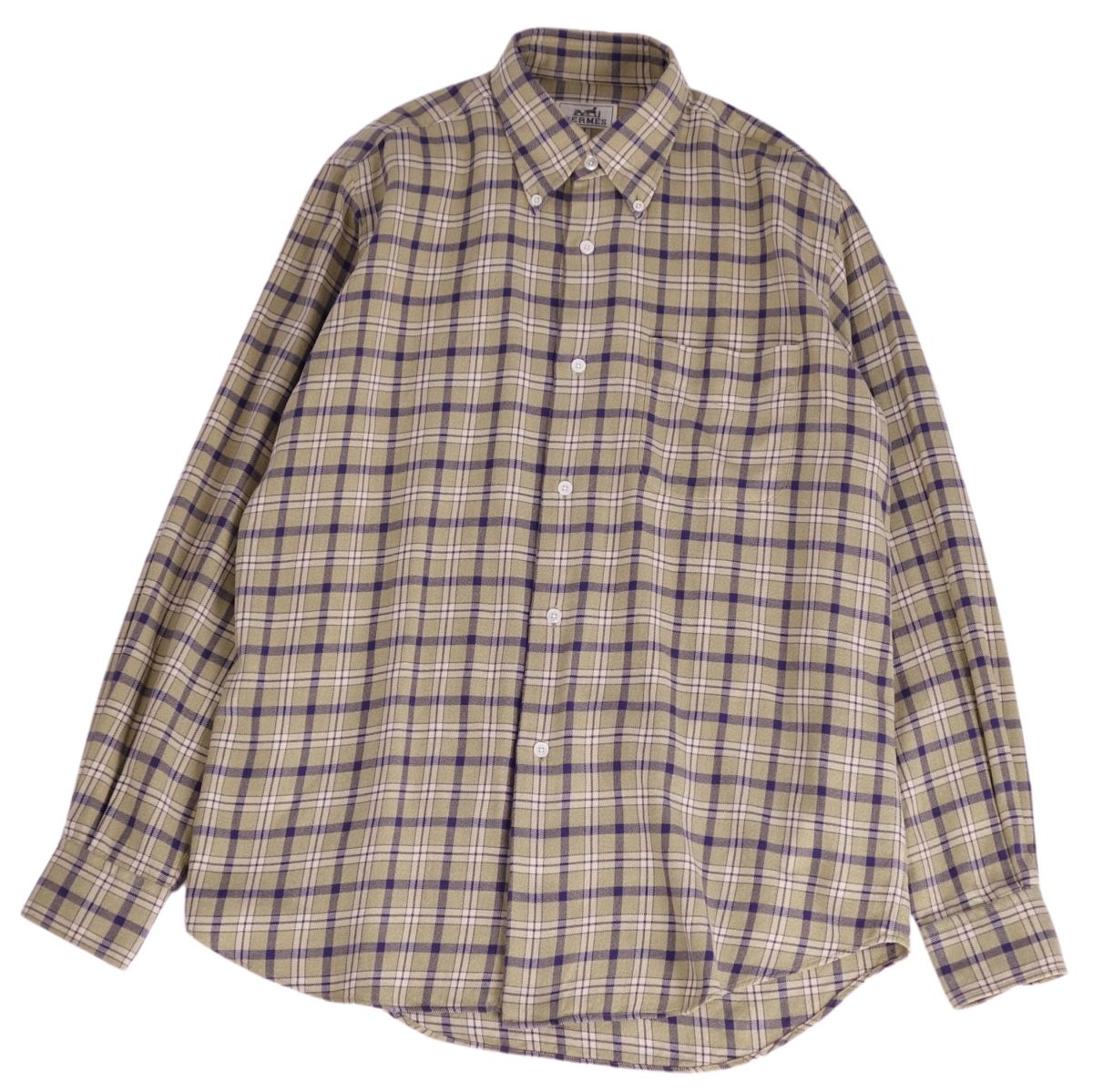 【美品】エルメス HERMES シャツ ボタンダウン ロングスリーブ 長袖 チェック コットン トップス メンズ フランス製 40/15 3/4 カーキ【中古】
