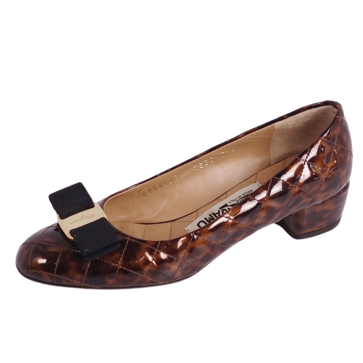 【美品】サルヴァトーレ フェラガモ Salvatore Ferragamo パンプス ヴァラ パテントレザー レオパード柄 キルティング ヒール シューズ レディース 5C(22.5cm相当) ブラウン【中古】
