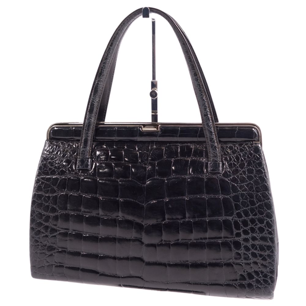 【美品】クロコダイル CROCODILE バッグ がま口 ハンドバッグ シャイニークロコ ワニ革 カバン 鞄 レディース ブラック【中古】