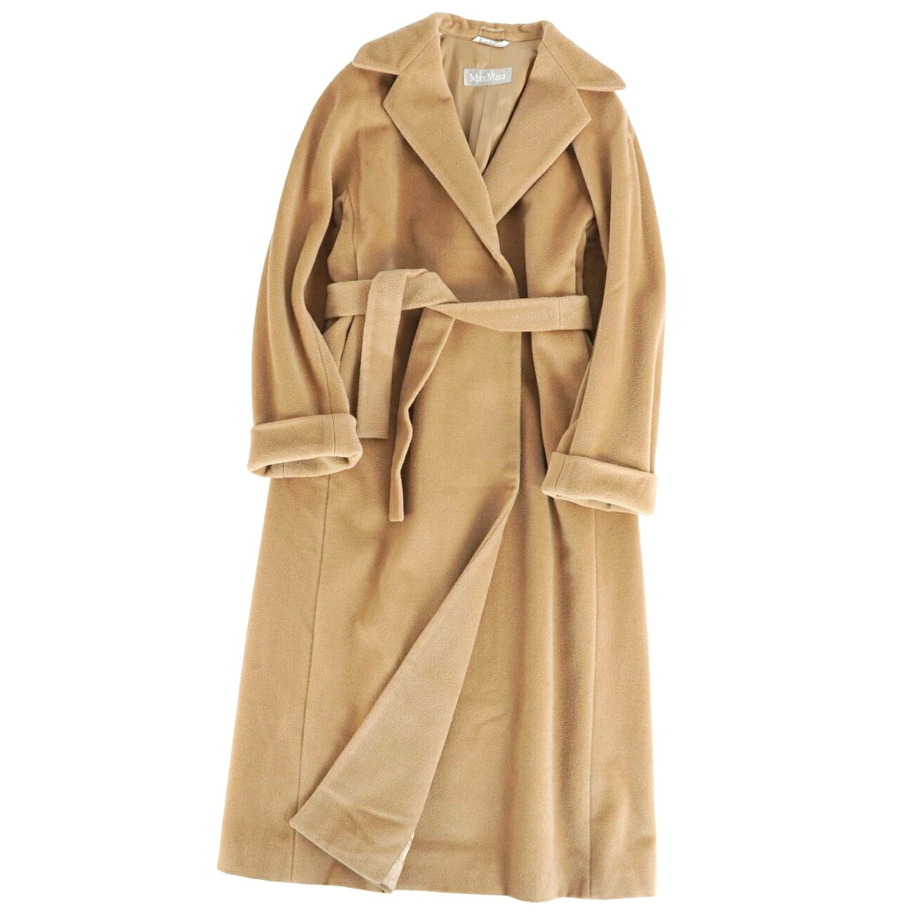 【美品】マックスマーラ Max Mara コート ベルト付き ロングコート ウール ボタンレス アウター レディース イタリア製 JI38 USA4 GB6(S相当) ベージュ【中古】