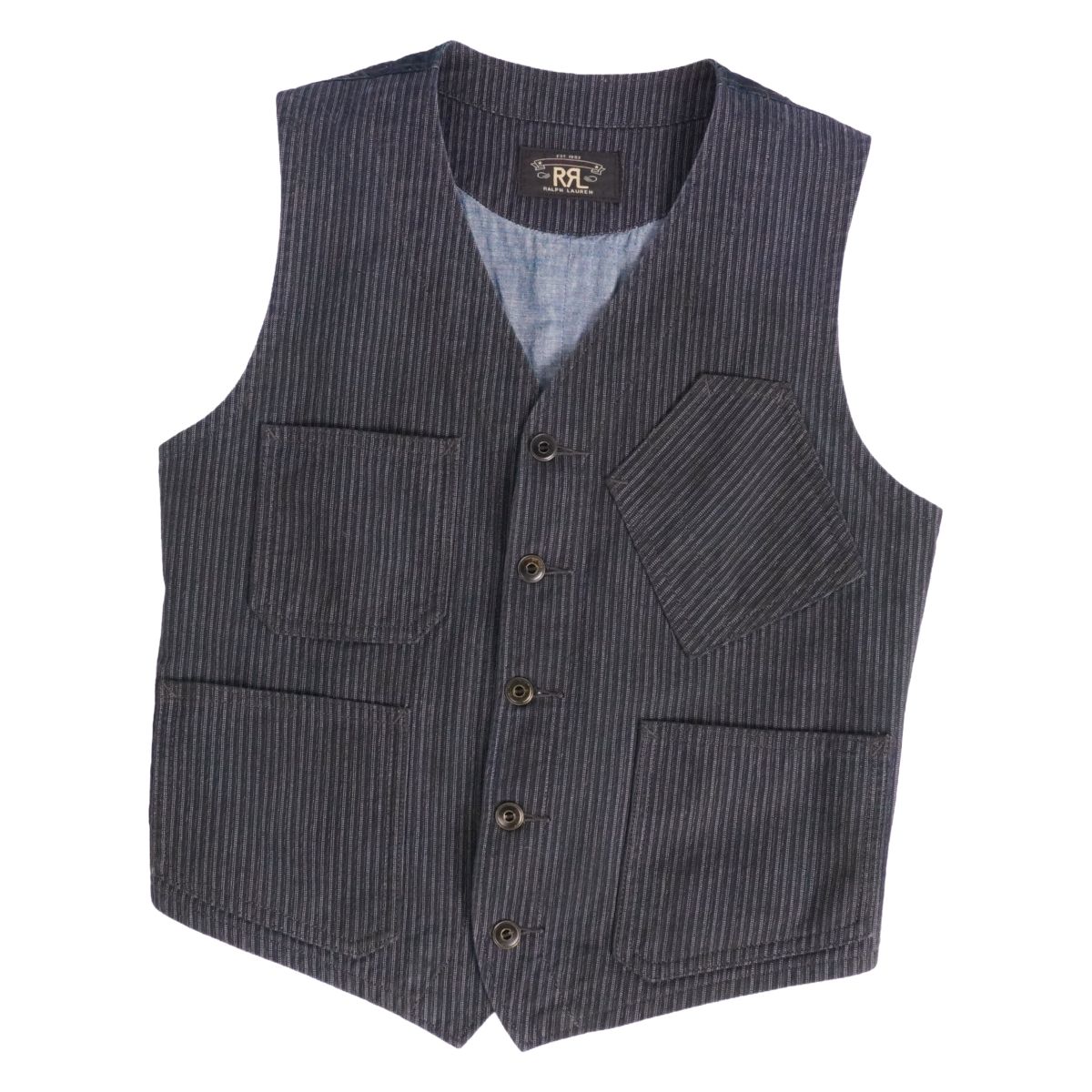 【美品】ダブルアールエル RRL RALPH LAUREN より良い ジレ ジーンズ 縞模様 綿織物 トップス メンズ 書きあらわす皆無曖昧模糊たる インディゴブルー【中古】