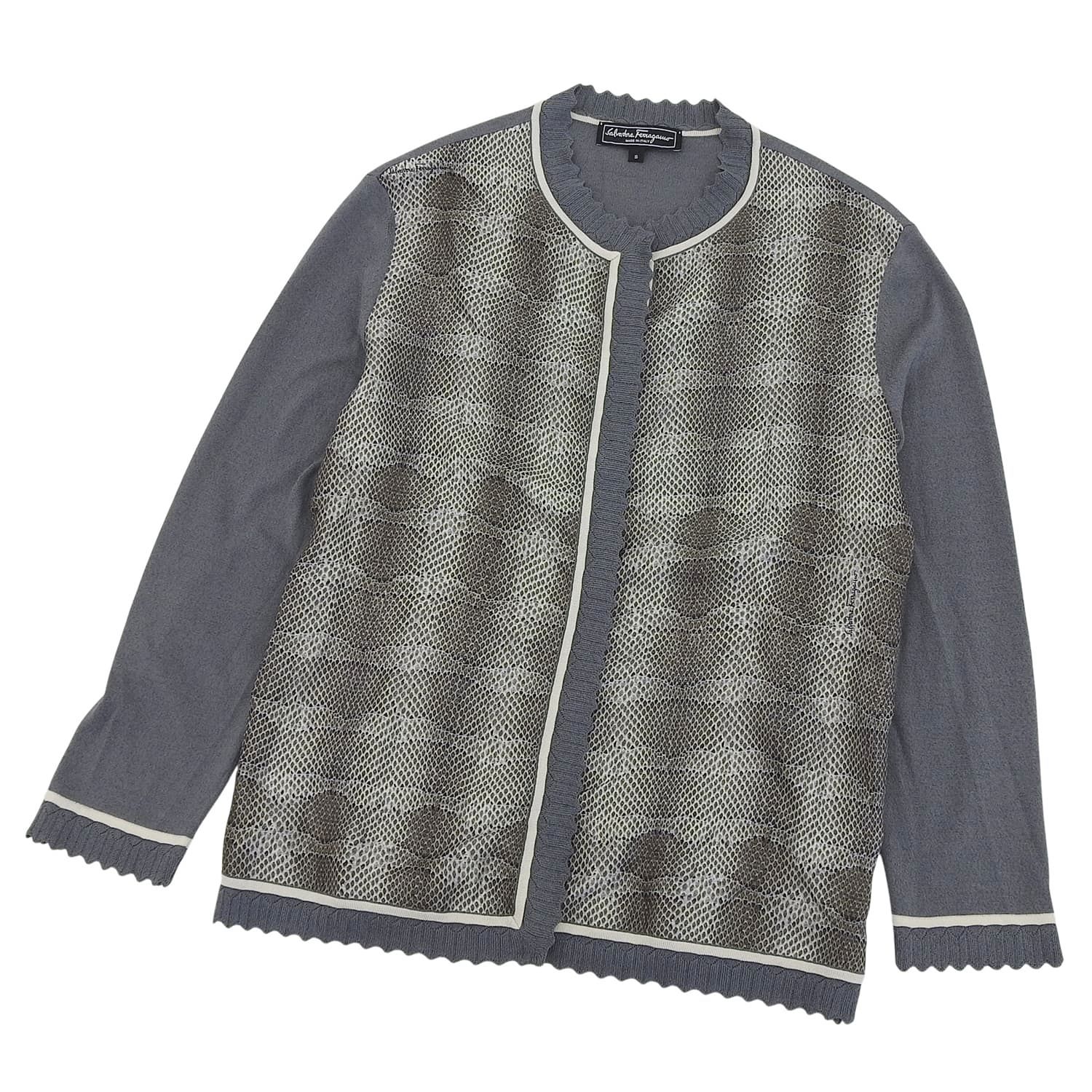 【極美品】サルヴァトーレ フェラガモ Salvatore Ferragamo 編み物 ジレー ロング捩り 長袖 絹地うつり変わり パイソン柄 トップス イタリア製 レディース S 薄墨色【中古】
