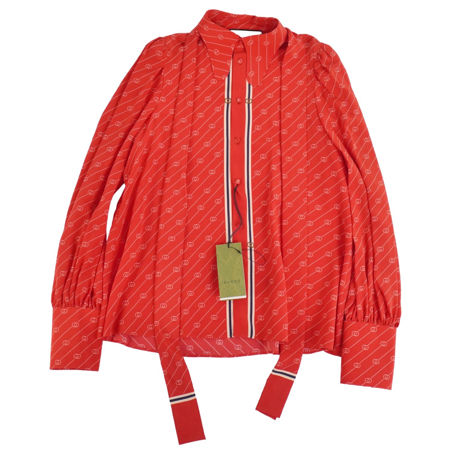 【新品同様】グッチ GUCCI シャツ ボウタイ ロングスリーブ 長袖 インターロッキングGG シルク トップス メンズ 46(S相当) レッド【中古】|MODEST LORD 仙台 店