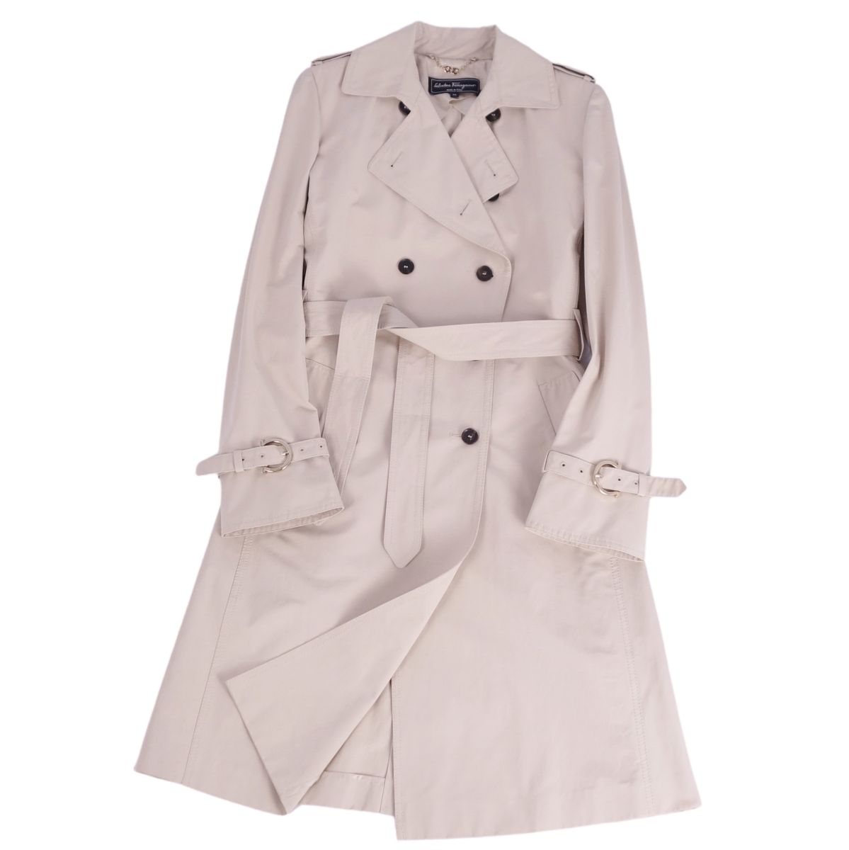 【極美品】サルヴァトーレ フェラガモ Salvatore Ferragamo 厚地の外套 トレンチコート 綿織物 アウター レディース イタリア製 40(M好いかげんに) ベージュ【中古】