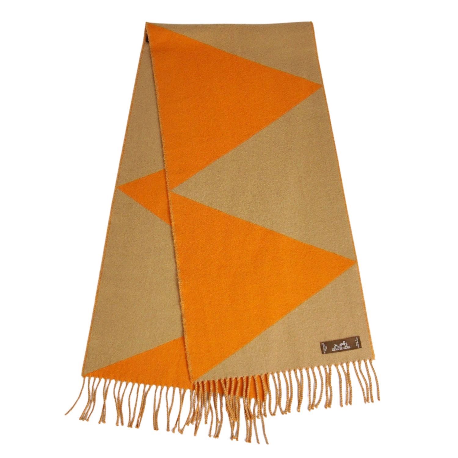 【美品】エルメス HERMES マフラー ストール ジグザグ カシミヤ100％ レディース イギリス製 オレンジ/ブラウン【中古】