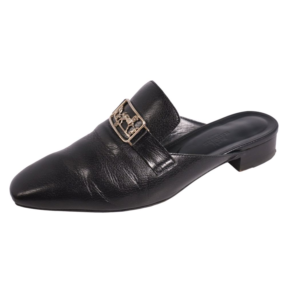 【美品】エルメス HERMES 2019 サンダル Vincennes ヴァンセンヌ ミュール なめし革 シューズ 靴 レディース イタリア製 38.5(25.5珊好いかげんに) 黒いこと【中古】