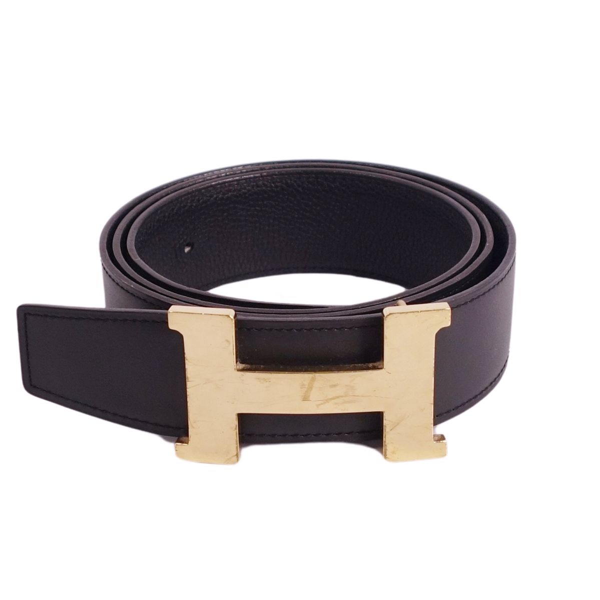 美品☆HERMES エルメス レザーベルト 黒茶 〇N刻印 本革 ゴールド金具 美品 HERMES エルメス □N刻印レザー セリエ 折り畳み ベルト 80