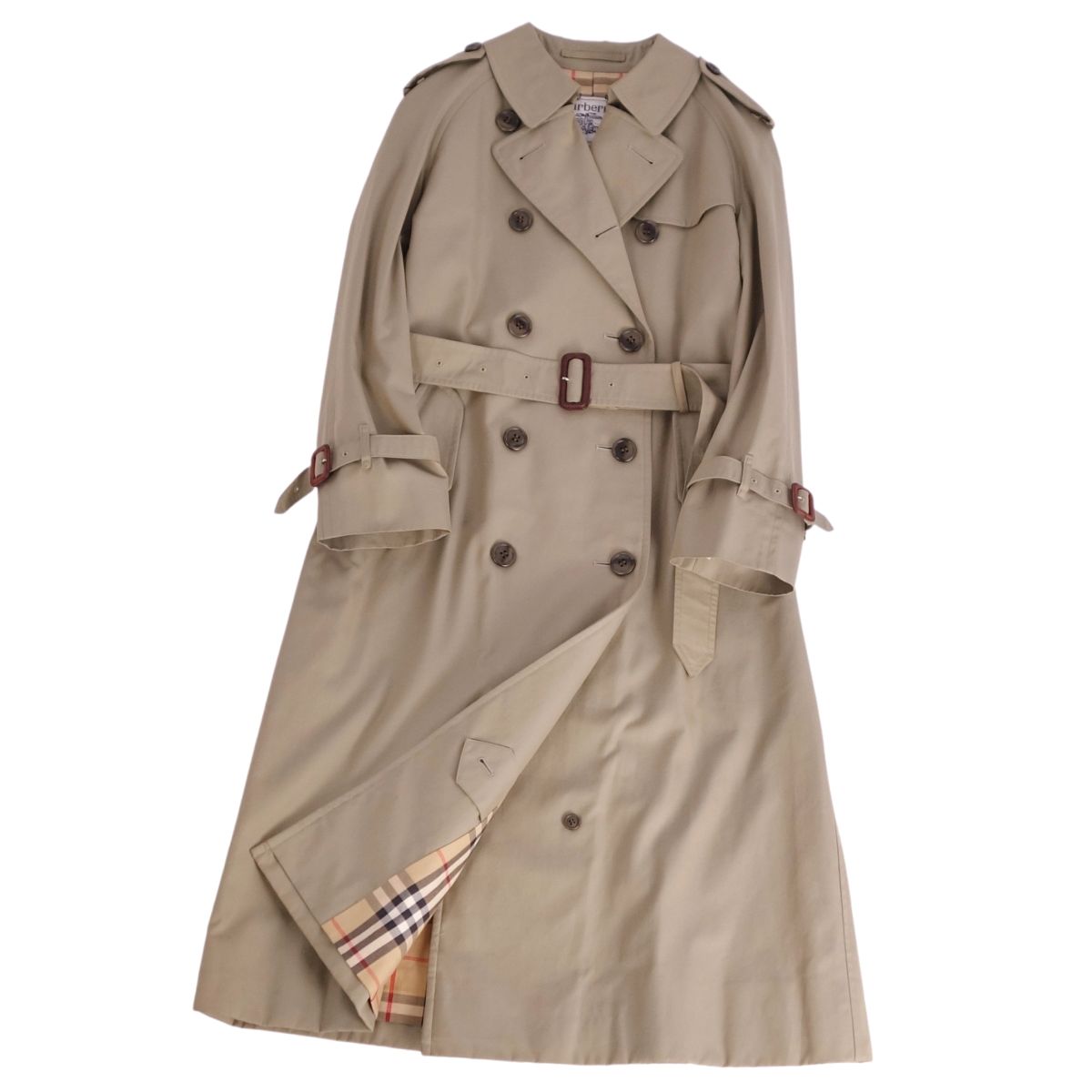 【極美品】Vintage バーバリー Burberrys 厚地の外套 トレンチコート 綿織物100％ 裏照合のしるし アウター レディース 7AB2(S好いかげんに) カーキベージュ【中古】