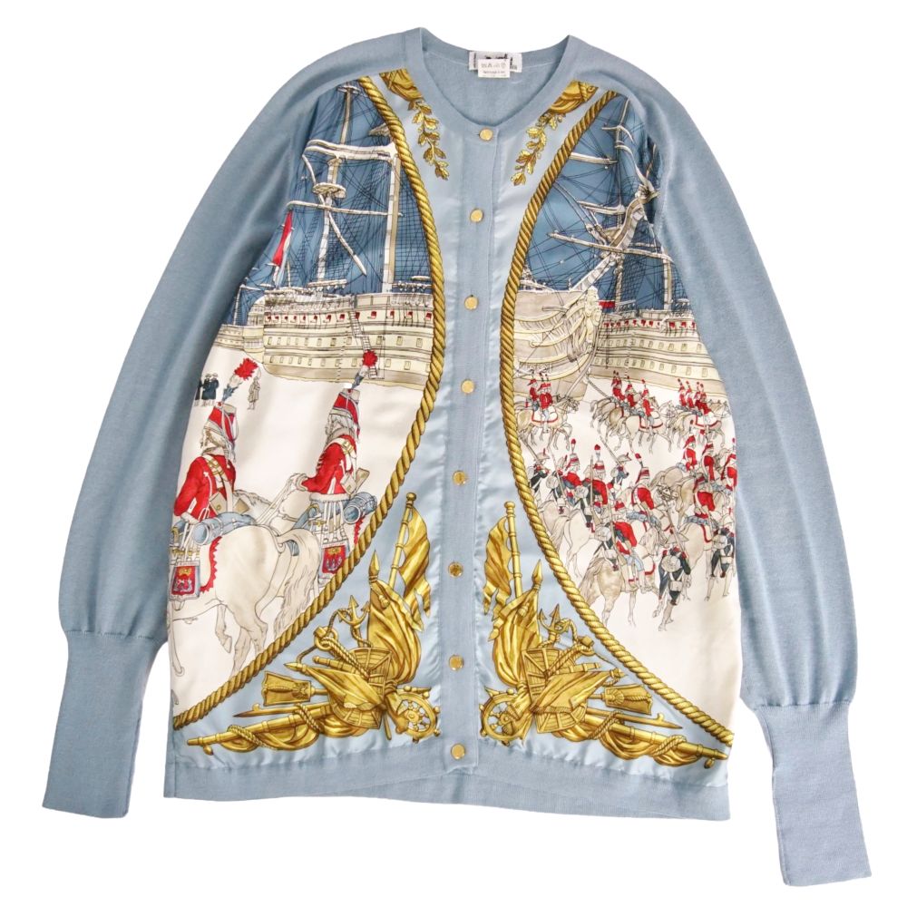 【美品】Vintage エルメス HERMES カーディガン MARINE CAVALERIE 海と騎兵隊 ニット シルク切り替え トップス レディース フランス製 40(L相当) ブルー【中古】