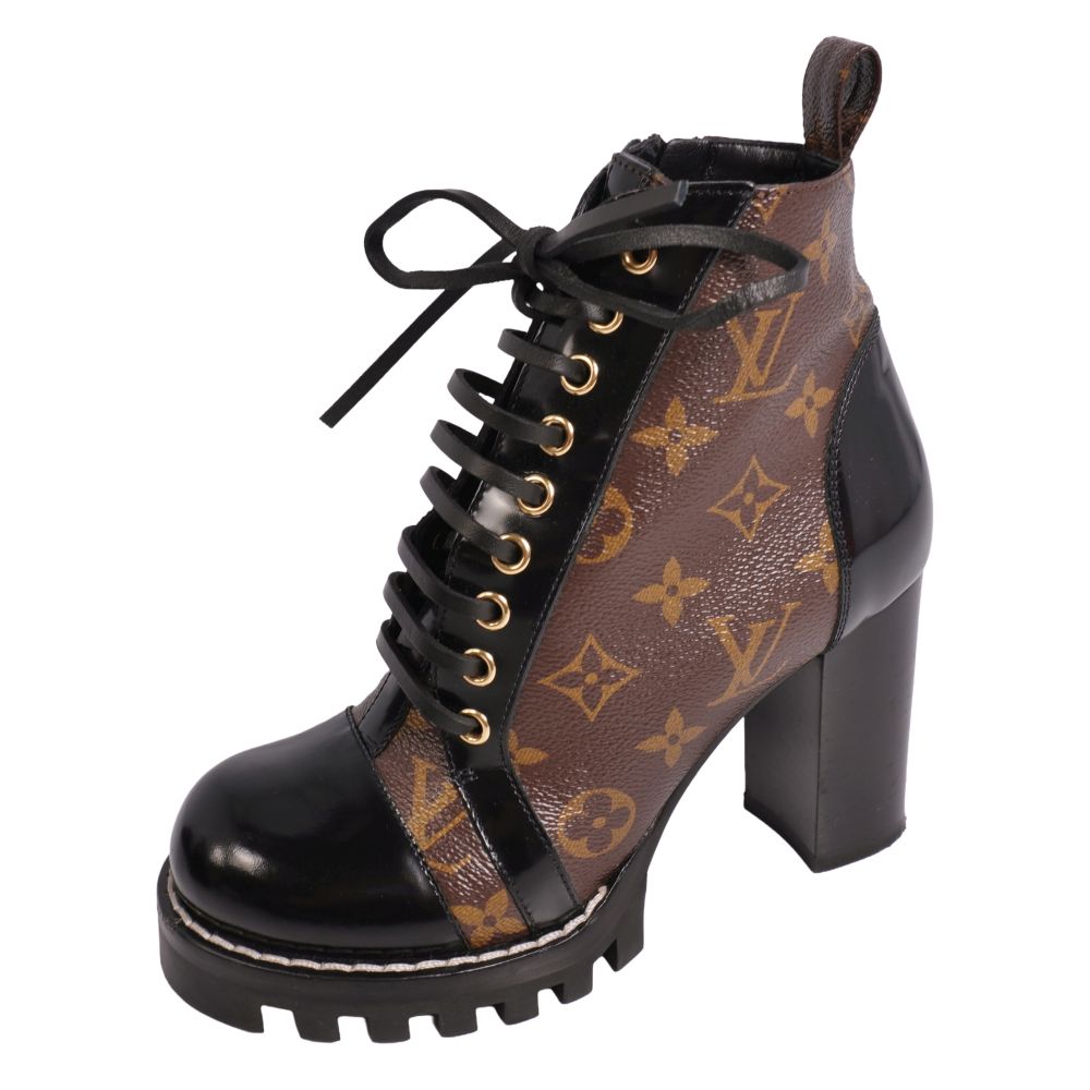 【美品】ルイヴィトン LOUIS VUITTON ブーツ アンクルブーツ スピード競技繰り上げる はやりっ児トレイル 伝達ルート モノグラム チャンキーヒール イタリア製 35.5(22.5珊好いかげんに) 赤銅色【中古】