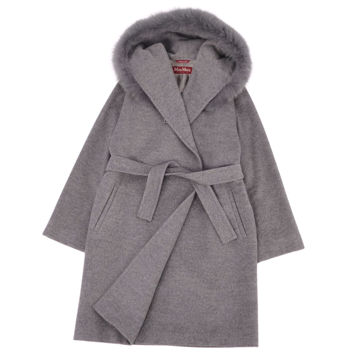【美品】マックスマーラ Max Mara STUDIO コート ラップコート フード付き フォックスファー ウール アウター レディース JI38 USA4 FB36(S相当) グレー【中古】