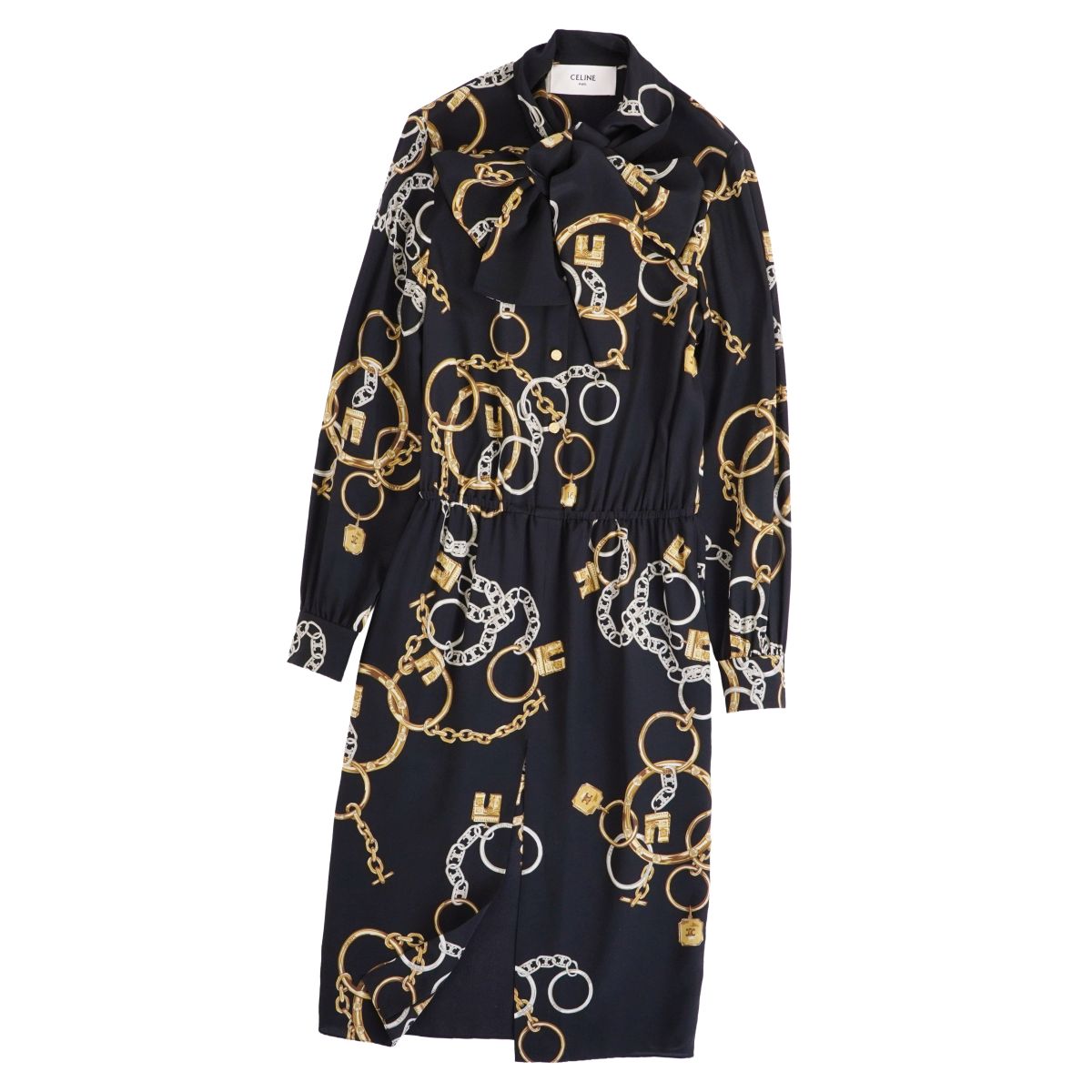 【美品】セリーヌ CELINE 衣装 お召しもの 洋弓引き分け えり巻き LAVALLIERE ラヴァリエール 総柄 絹地 イタリア製 トップス レディース 34(XS好いかげんに) 黒いこと【中古】
