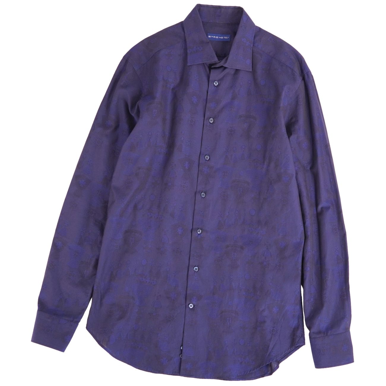 【美品】エトロ ETRO シャツ ロングスリーブ 長袖 総柄 コットン トップス メンズ イタリア製 40 ネイビー【中古】