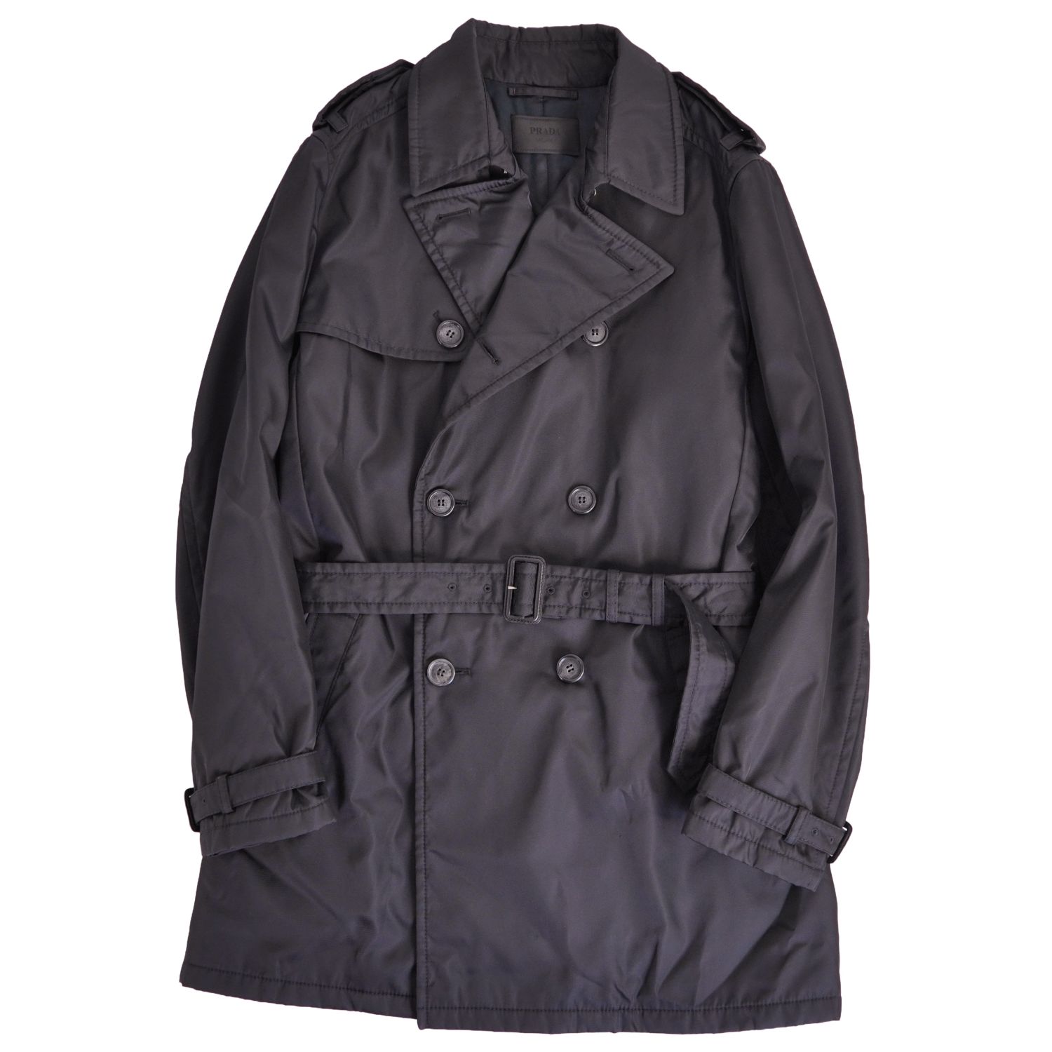 【美品】プラダ PRADA コート トレンチコート ナイロン 中綿入り アウター メンズ 52(XL相当) ブラック【中古】