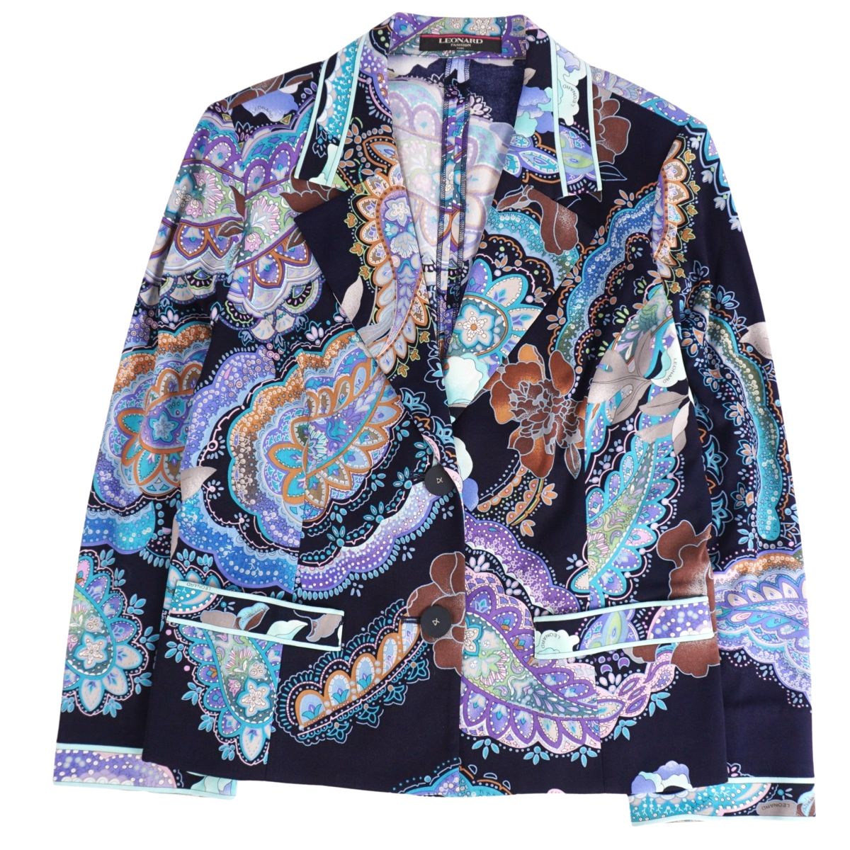 【美品】レオナール LEONARD FASHION ジャケット テーラード 総柄 ジャージー アウター レディース LL マルチカラー【中古】