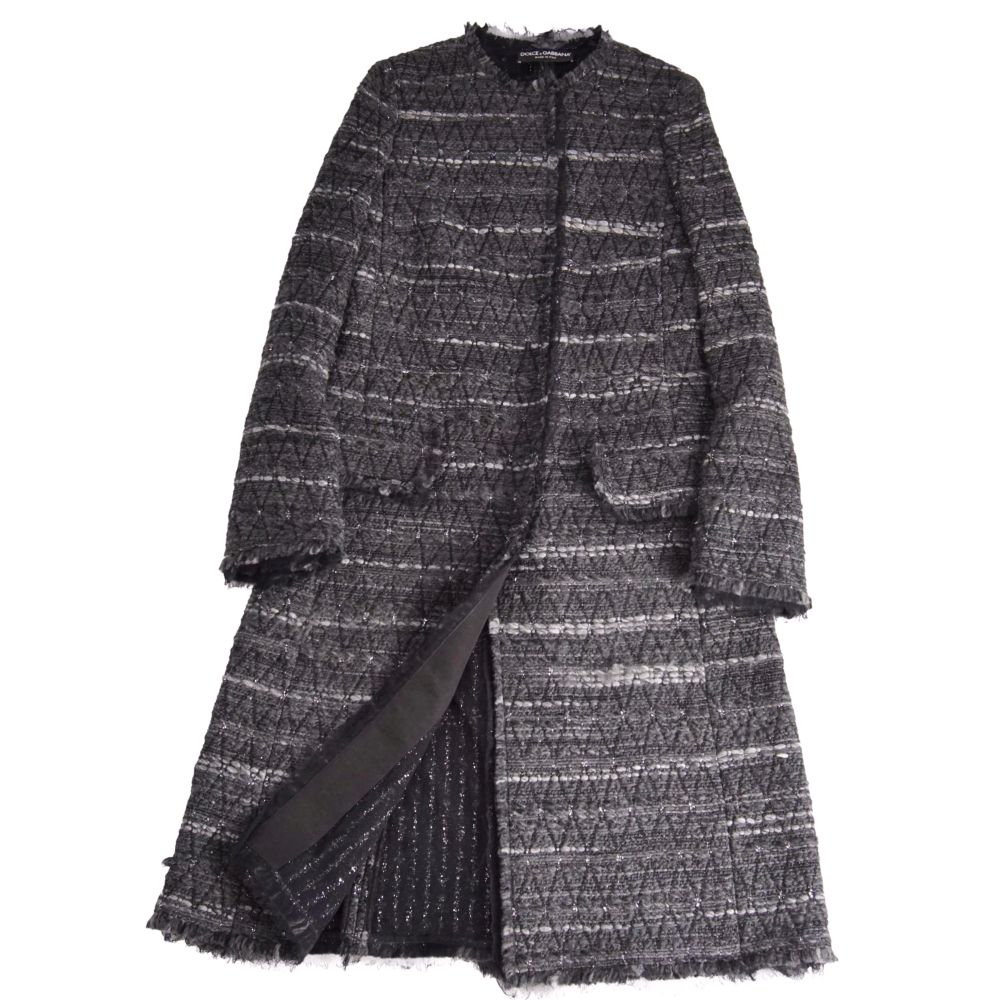 【美品】ドルチェ\u0026ガッバーナ DOLCE\u0026GABBANA 厚地の外套 ロング厚地の外套 否色つや 交ぜ合わせるツィード 羊毛 アウター レディース イタリア製 36(XS好いかげんに) 薄墨色【中古】