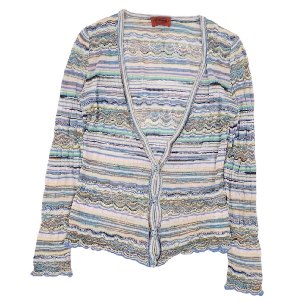 【MISSONI】ニットカーディガン　総柄　イタリア製　マルチカラー　グレー　L 美品】MISSONI ミッソーニ 総柄 ニット カーディガン グレー系