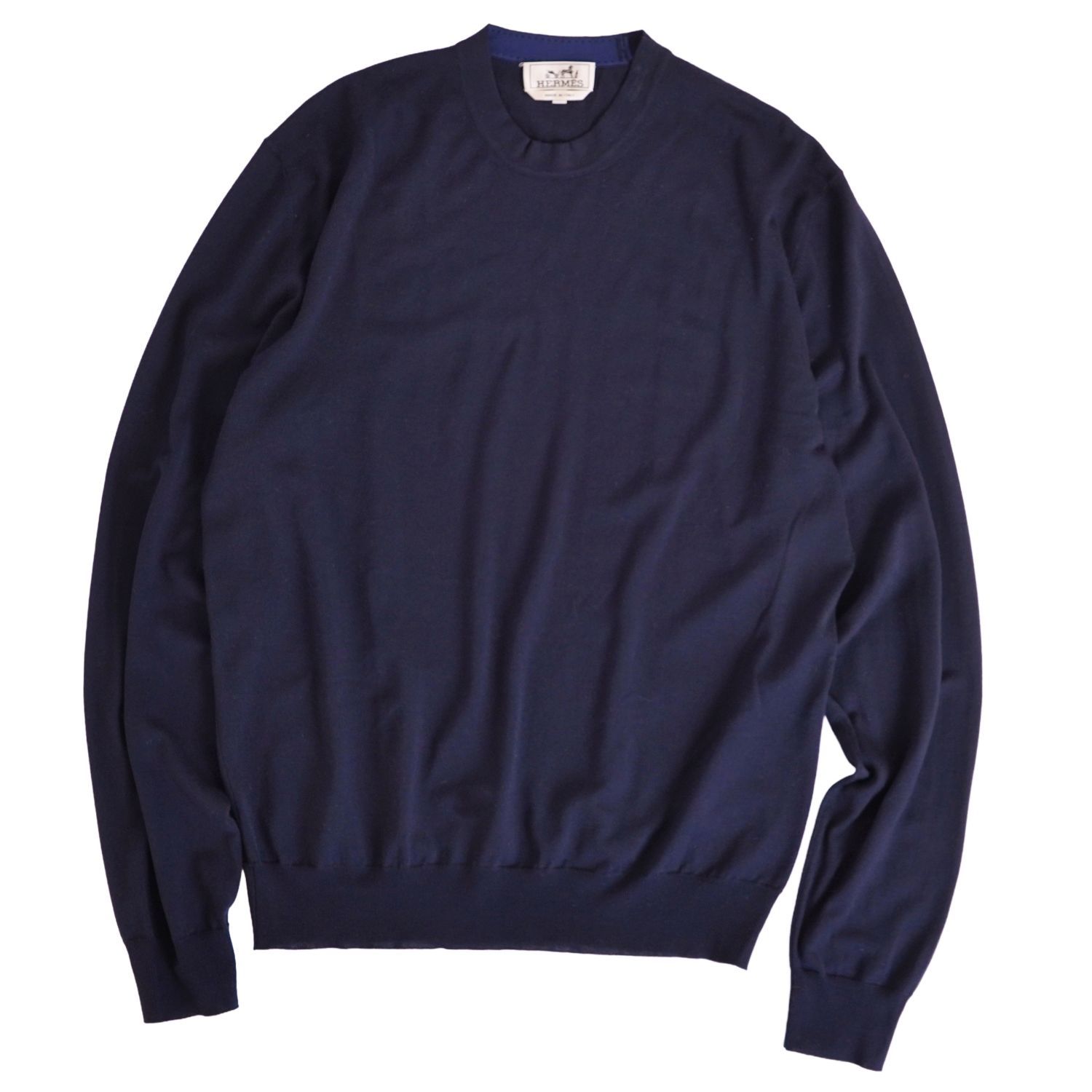 【極美品】エルメス HERMES 23AW ニット セーター ロングスリーブ 長袖 無地 ウール トップス メンズ L ネイビー【中古】