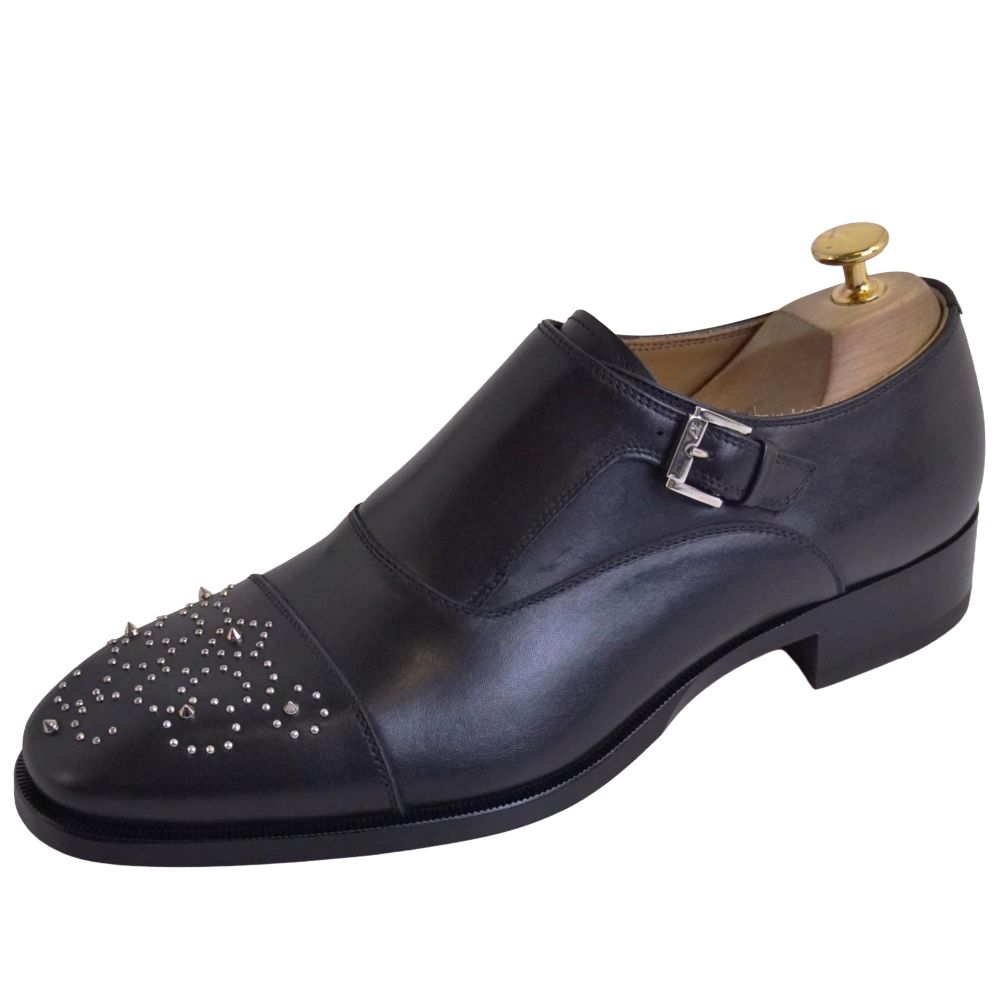 【新古品】クリスチャンルブタン Christian Louboutin レザー?シューズ モンクストラップ ビジネスシューズ スタッズ 革靴 メンズ イタリア製 41.5(26.5cm相当) ブラック【中古】 38,987円