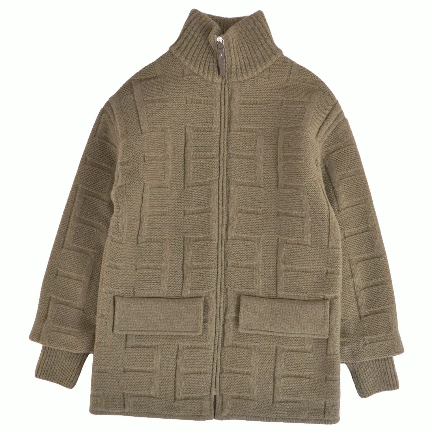 【新古品】エルメス HERMES 22AW ニット コート ジャケット 中綿入り ジップアップ Hパターン ウール アウター レディース 34(XS相当) カーキ【中古】