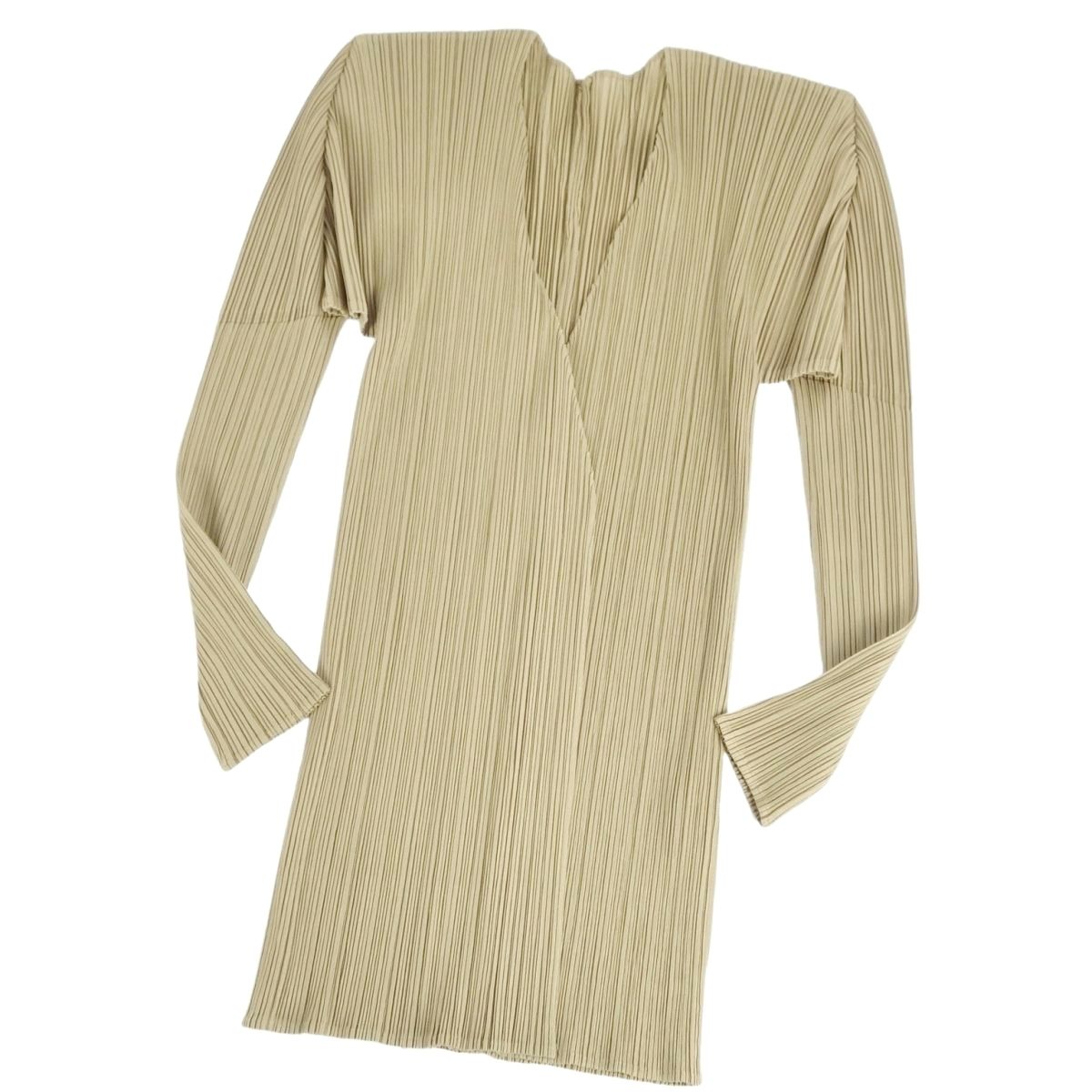 【美品】プリーツプリーズ イッセイミヤケ PLEATS PLEASE カーディガン ボタンレス ロングスリーブ 長袖 プリーツ トップス レディース 4(XL相当) ライトカーキ【中古】
