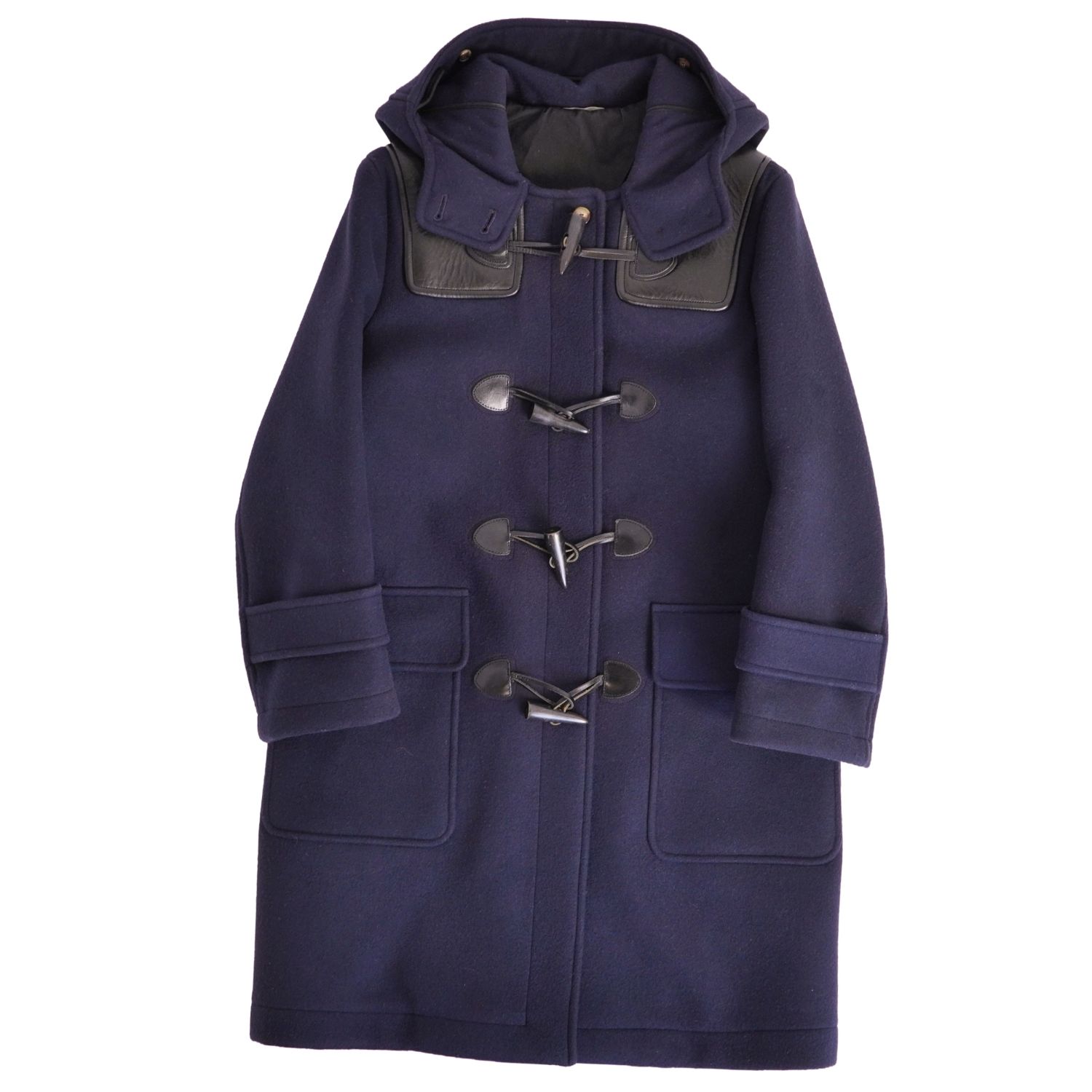 【美品】セリーヌ CELINE フィービー期 コート ダッフルコート フード付き ウール レザー切替 アウター レディース 38(M相当) ネイビー【中古】
