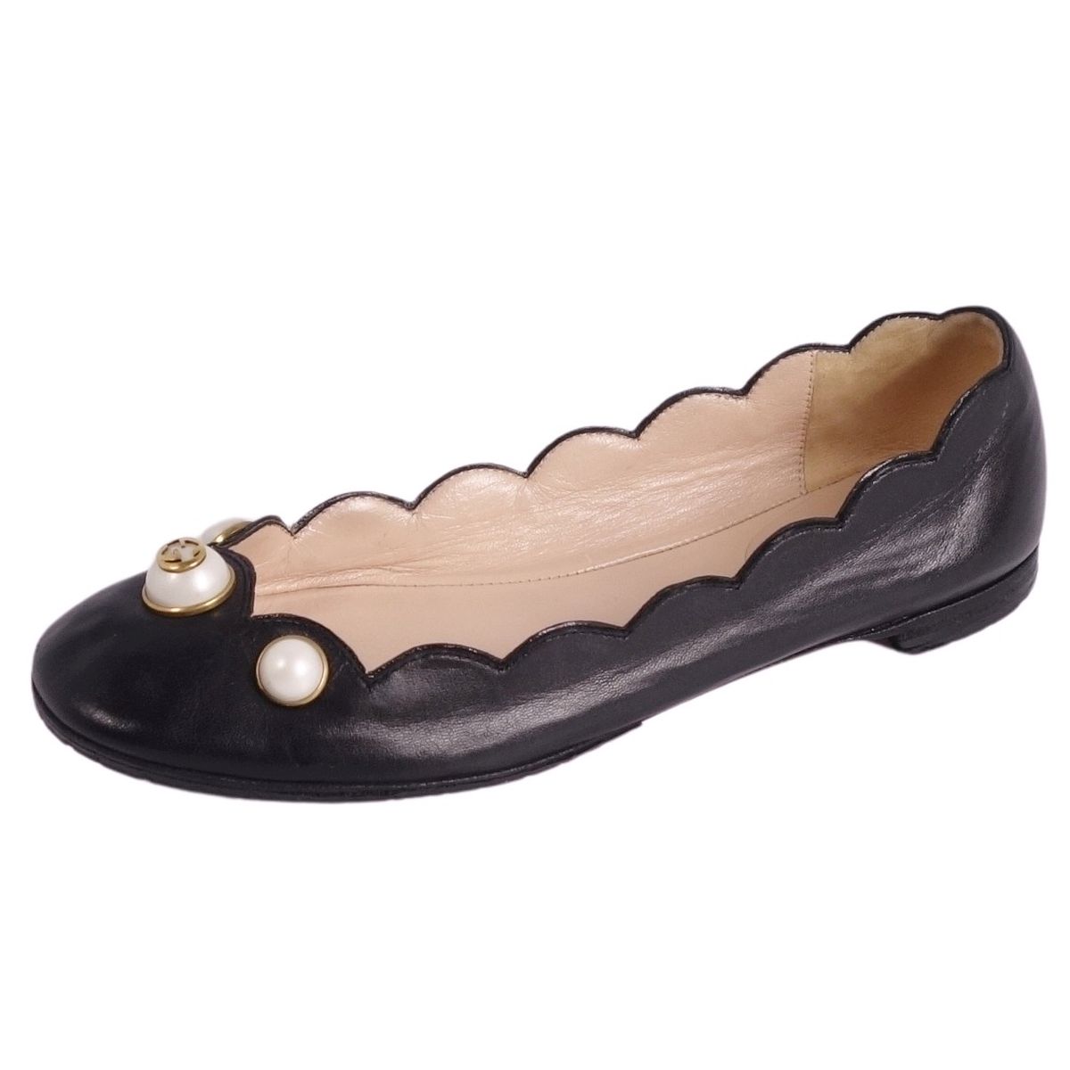 【美品】グッチ GUCCI パンプス フラットパンプス フェイクパール レザー シューズ 靴 レディース イタリア製 35(22cm相当) ブラック【中古】