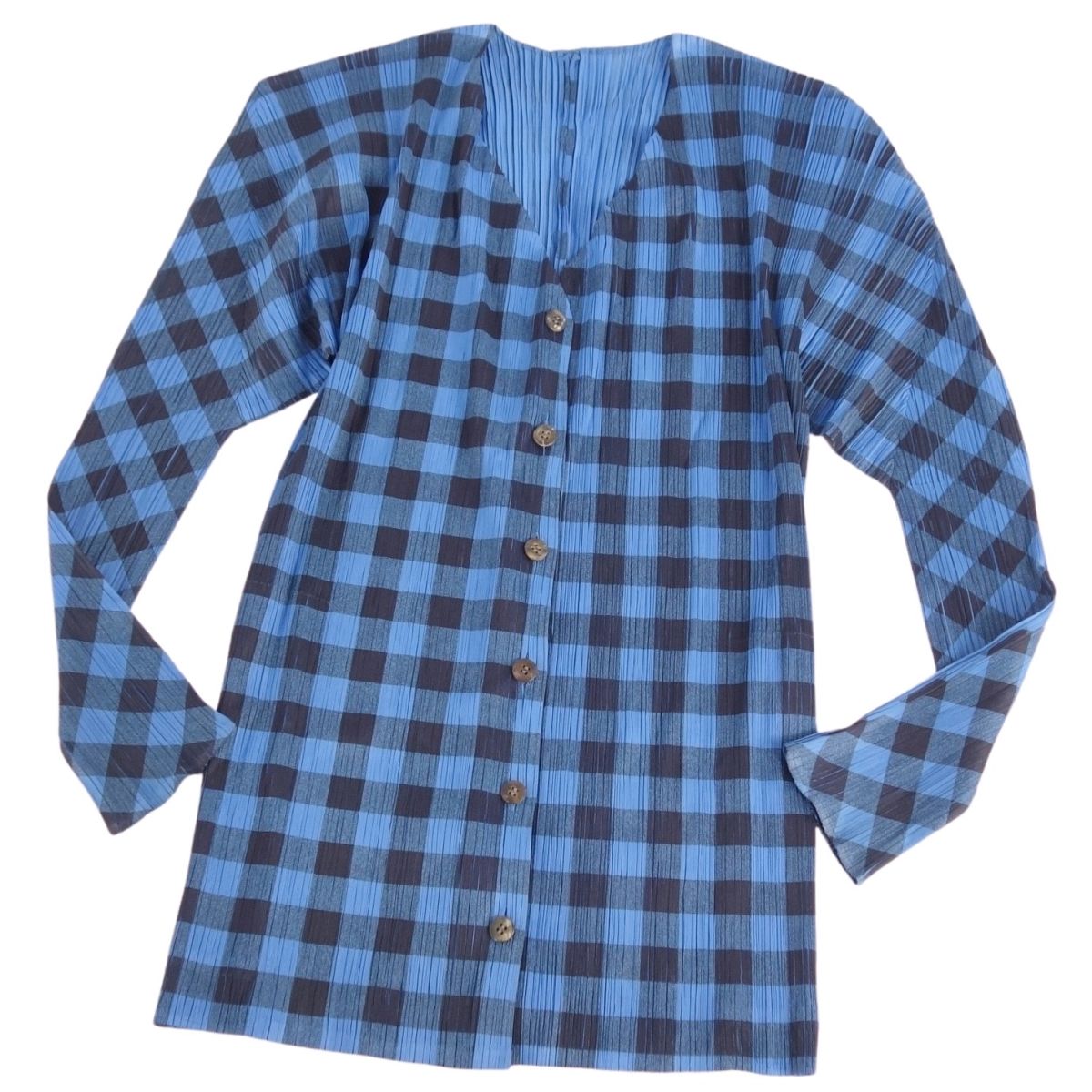 【美品】プリーツプリーズ イッセイミヤケ PLEATS PLEASE シャツ ブラウス ロングスリーブ 長袖 チェック プリーツ トップス レディース 3(L相当) ブルー【中古】｜MODEST LORD 仙台 店