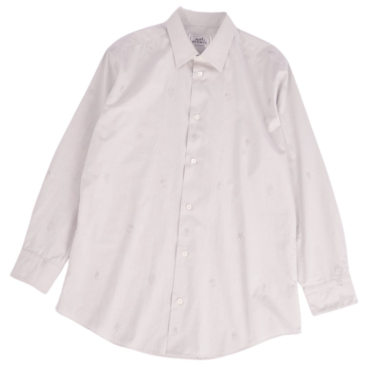 【美品】エルメス HERMES シャツ 23SS ロングスリーブ 長袖 セリエボタン コットン トップス メンズ フランス製 39/15.5(M相当) グレー【中古】