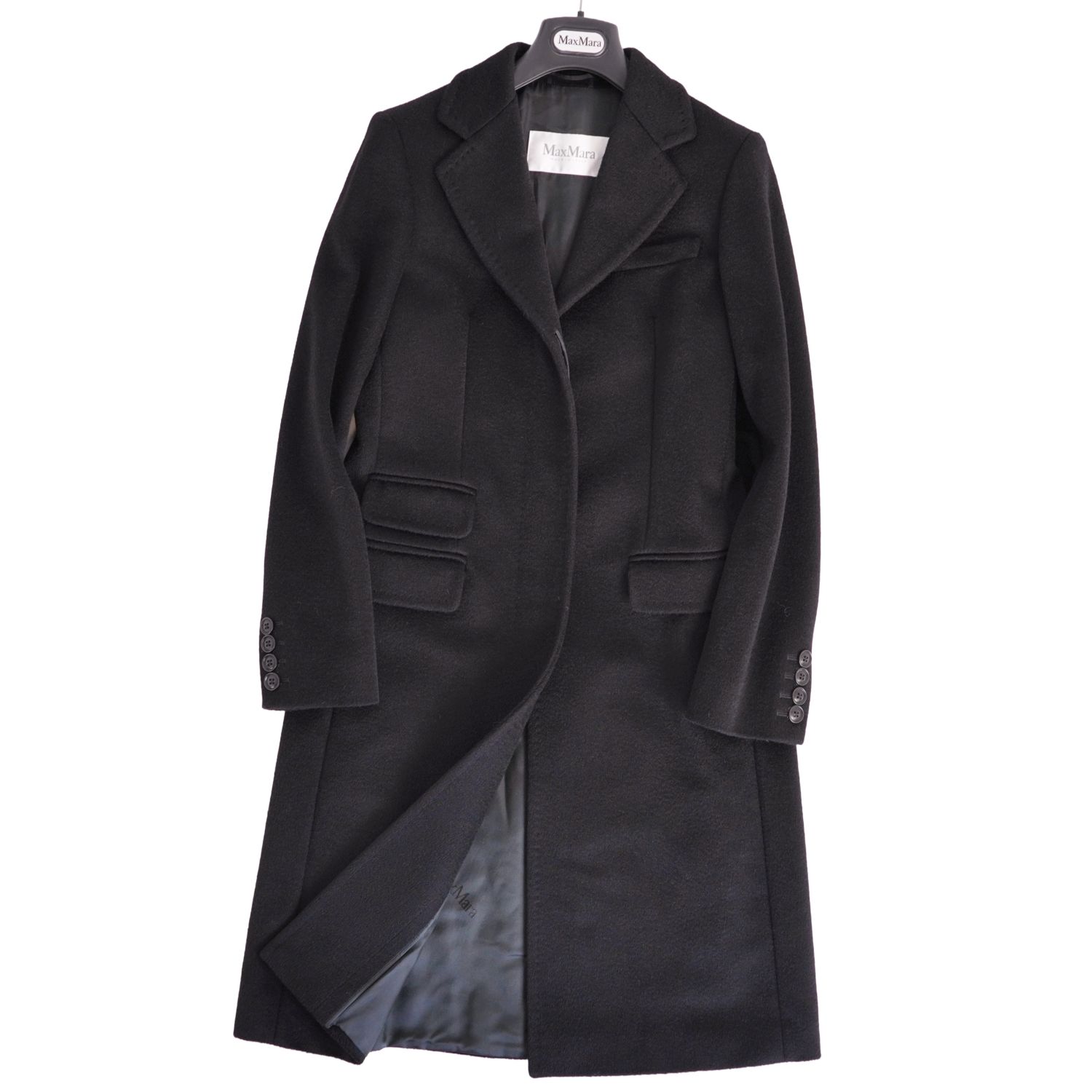 【新品負けず劣らず】マックスマーラ Max Mara 白付け札 厚地の外套 チェスターコート ロング厚地の外套 駱駝100％ アウター レディース JI38 USA4 FB36(S好いかげんに) 黒いこと【中古】 コート・ジャケット-レディースファッション