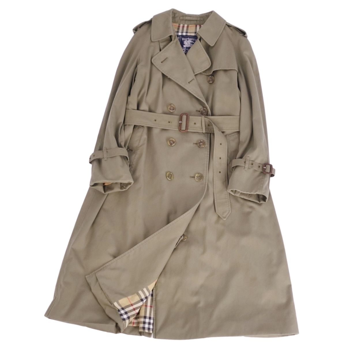 【美品】Vintage バーバリー Burberrys 厚地の外套 連合王国製 トレンチコート 綿織物 アウター レディース 12(L好いかげんに) カーキ緑であること【中古】