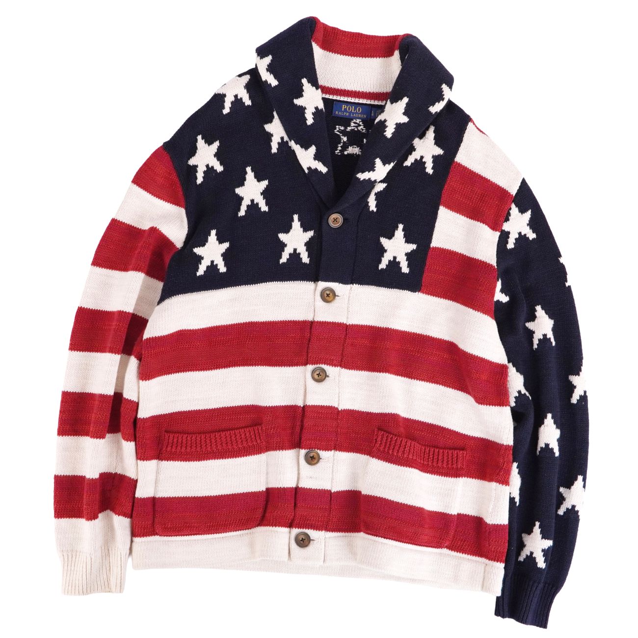 【美品】ラルフローレン RALPH LAUREN カーディガン ニット フラッグ 星条旗 コットン リネン トップス メンズ L マルチカラー【中古】