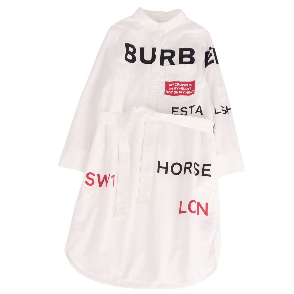 【美品】バーバリー BURBERRY ワンピース シャツ ブラウス ロングスリーブ ロゴプリント トップス レディース UK6 US4 IT38(S相当) ホワイト【中古】