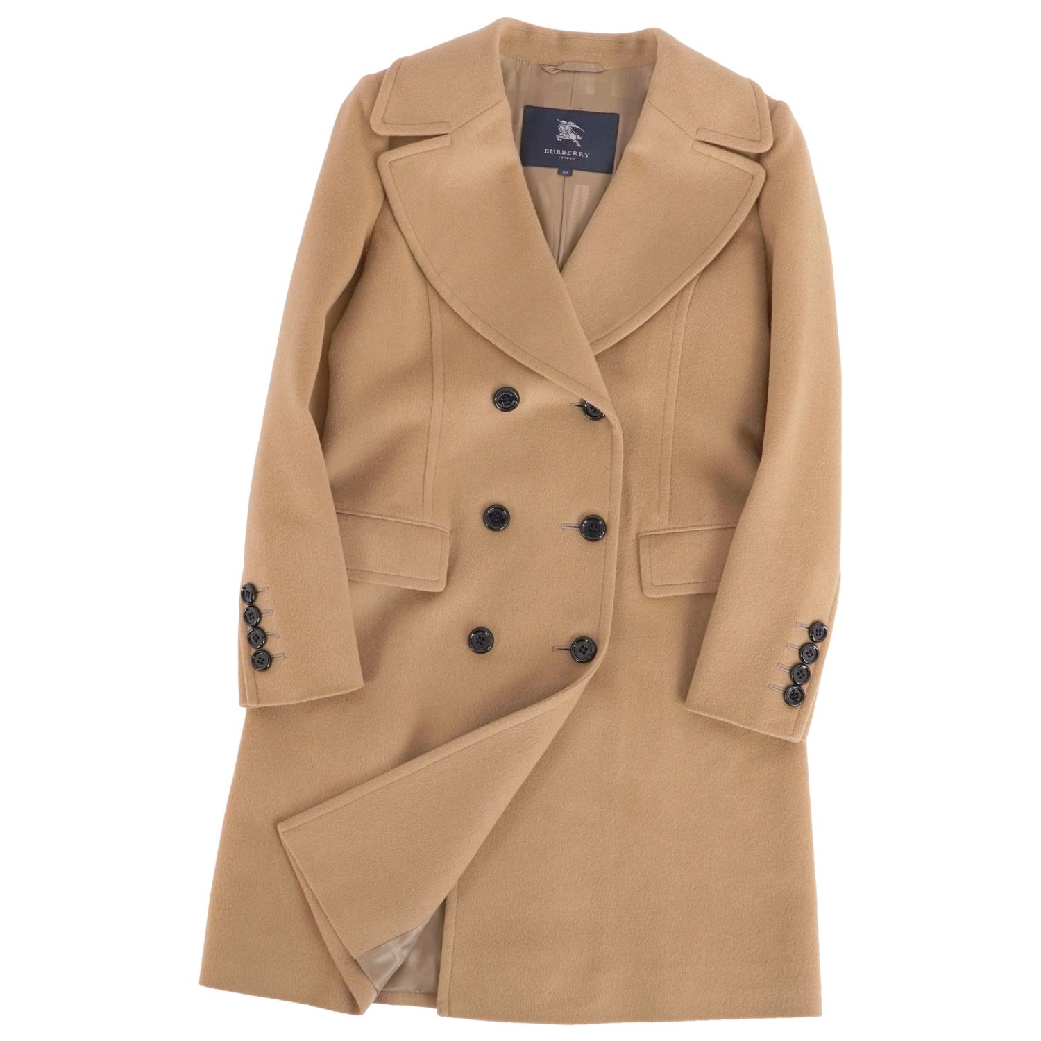 【美品】バーバリー ロンドン BURBERRY LONDON コート チェスターコート ダブルブレスト ウール カシミヤ アウター レディース 38(M相当) キャメルブラウン【中古】