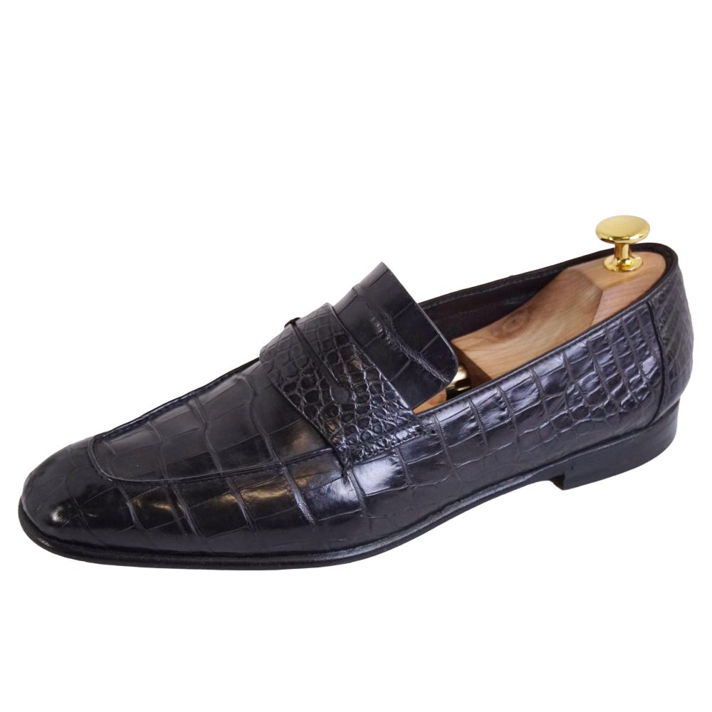【美品】エルメネジルドゼニア Ermenegildo Zegna L\u0027Asola 置き目毛皮 モカシン クロコダイル ワニ革 商行為シューズ 革靴 メンズ イタリア製 6.5(25.5糎好いかげんに) 黒いこと【中古】