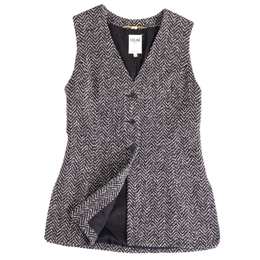【美品】Vintage セリーヌ CELINE より良い ジレ 絨毛 ツィード トップス レディース フランス共和国製 38(M好いかげんに) 黒いこと【中古】 ベスト・ジレ-トップス-レディースファッション