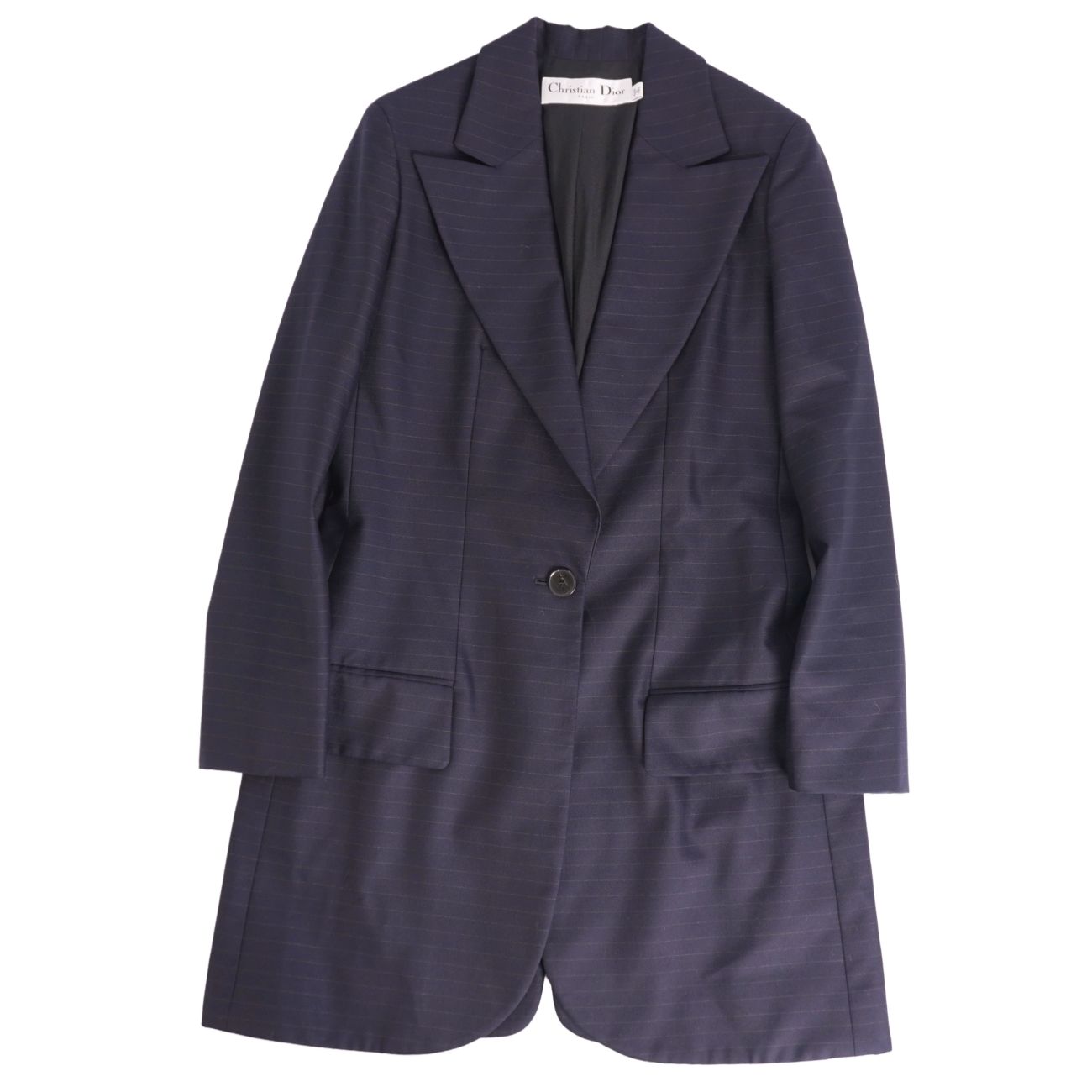 【極美品】クリスチャンディオール Christian Dior ジャケット テーラード ロング丈 ボーダー ウール アウター レディース イタリア製 F34(XS相当) ネイビー【中古】