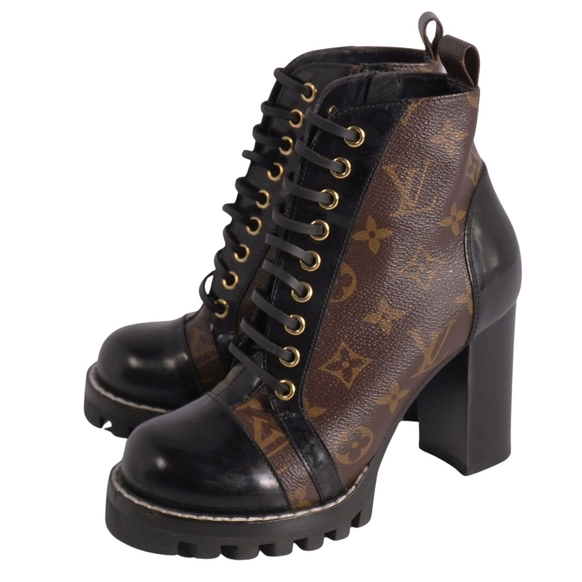 【美品】ルイヴィトン LOUIS VUITTON ブーツ アンクルブーツ レースアップ スタートレイル ライン モノグラム チャンキーヒール イタリア製 35.5(22.5cm相当) ブラウン【中古】