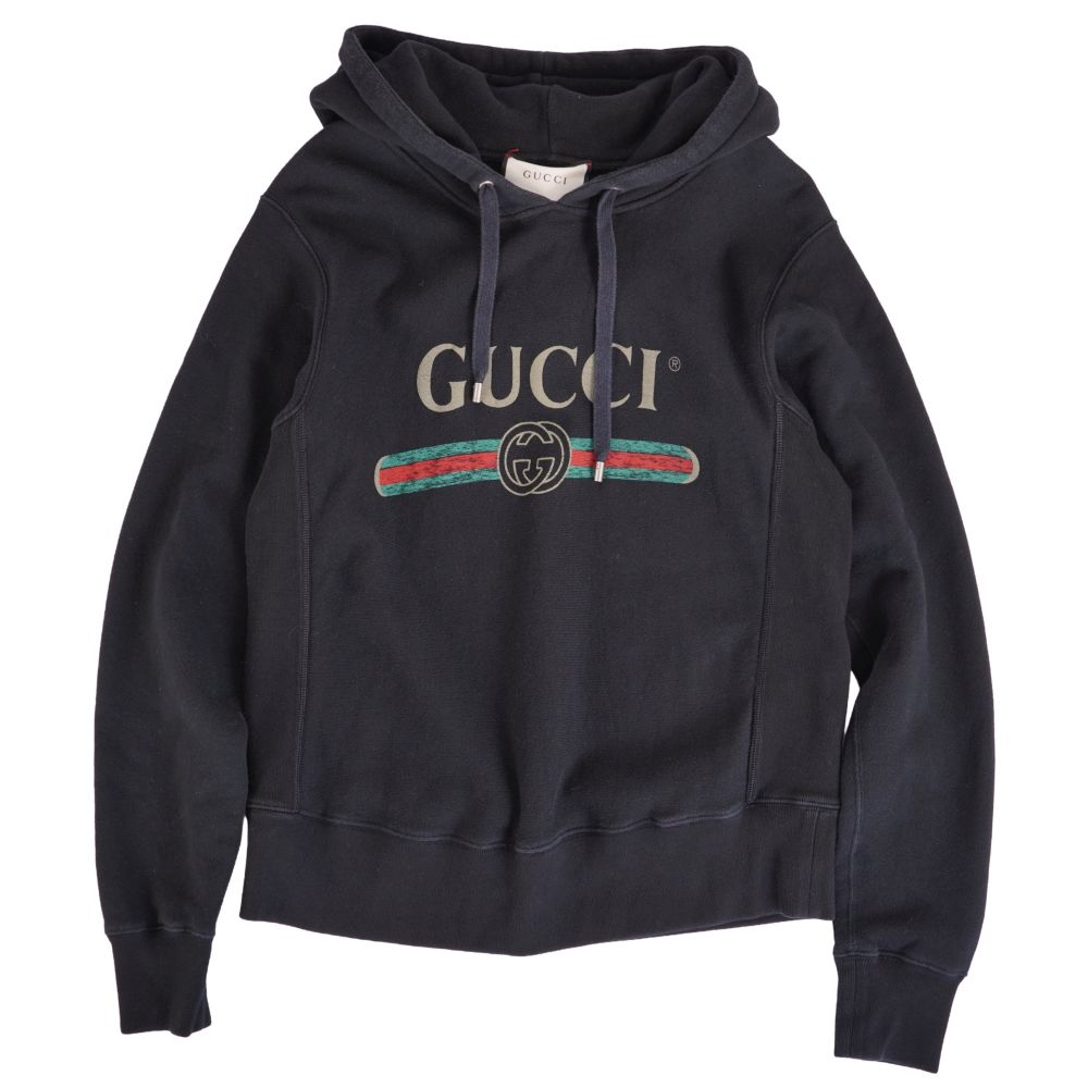 【美品】グッチ GUCCI パーカー フーディー 汗水 ロゴタイプ ウェブストライプ 綿織物 トップス メンズ イタリア製 XS 黒いこと【中古】