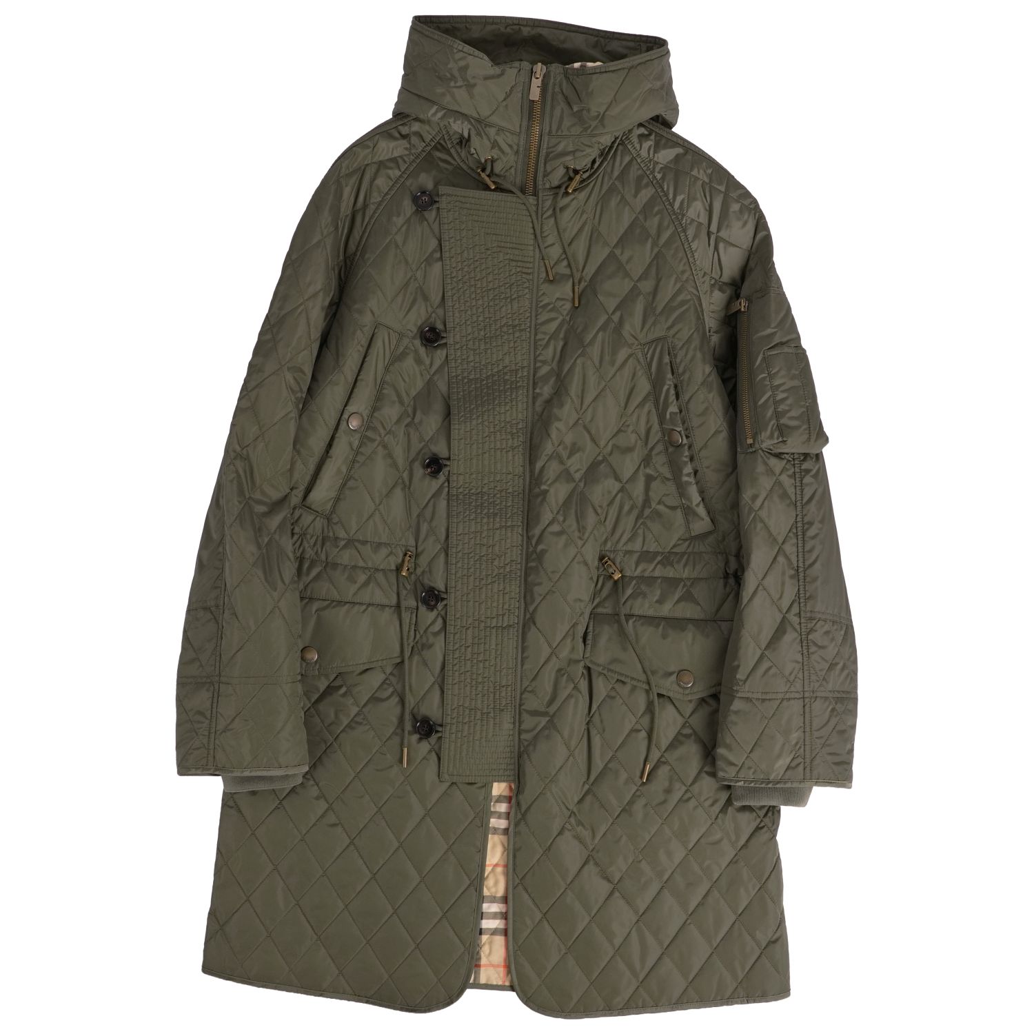 【極美品】バーバリー BURBERRY コート フード付き キルティング 中綿入り 裏チェック ナイロン アウター メンズ 46(S相当) カーキ【中古】｜MODEST LORD 仙台 店