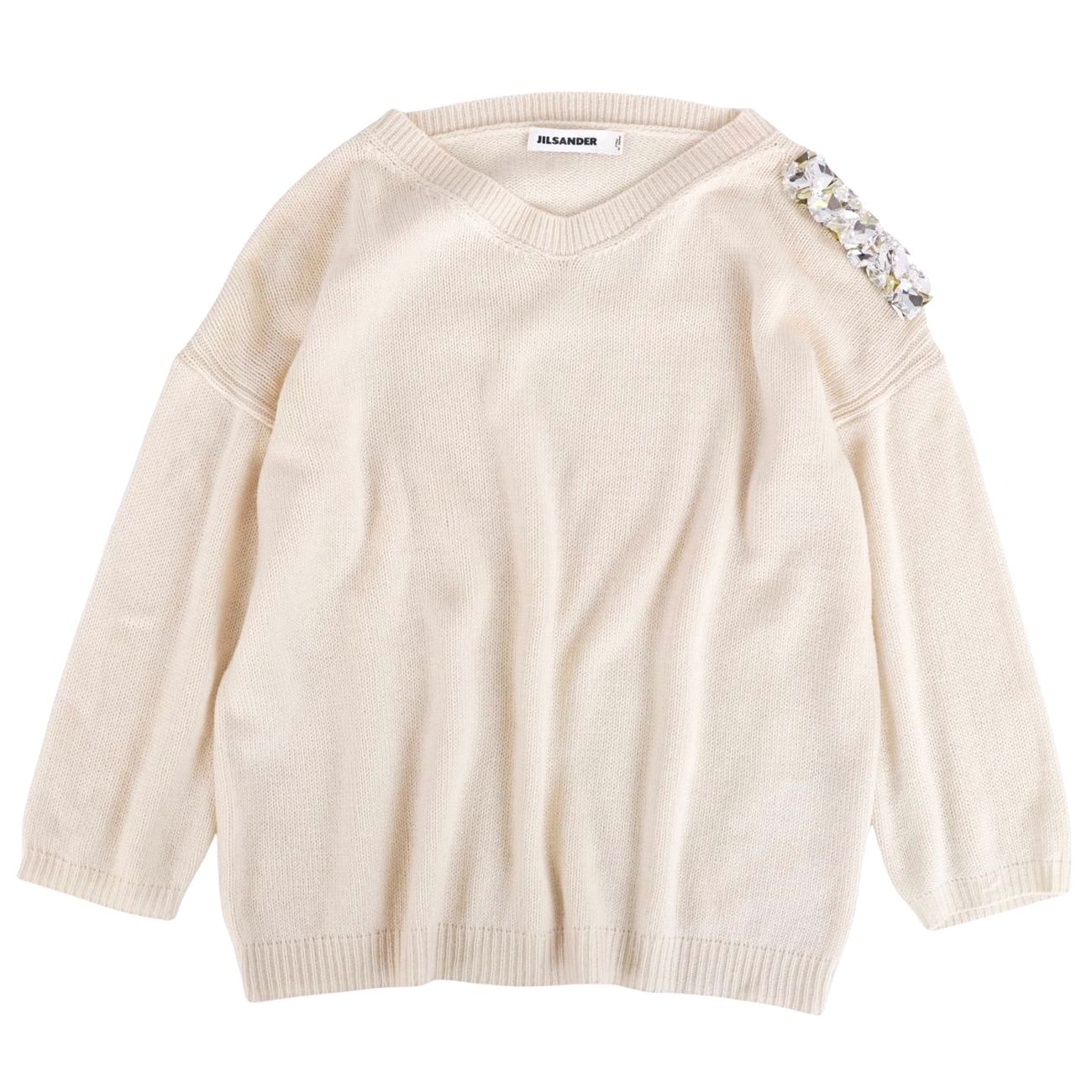 【美品】ジルサンダー JIL SANDER ニット セーター ロングスリーブ 長袖 ビジュー装飾 ウール トップス レディース イタリア製 38(M相当) アイボリー【中古】