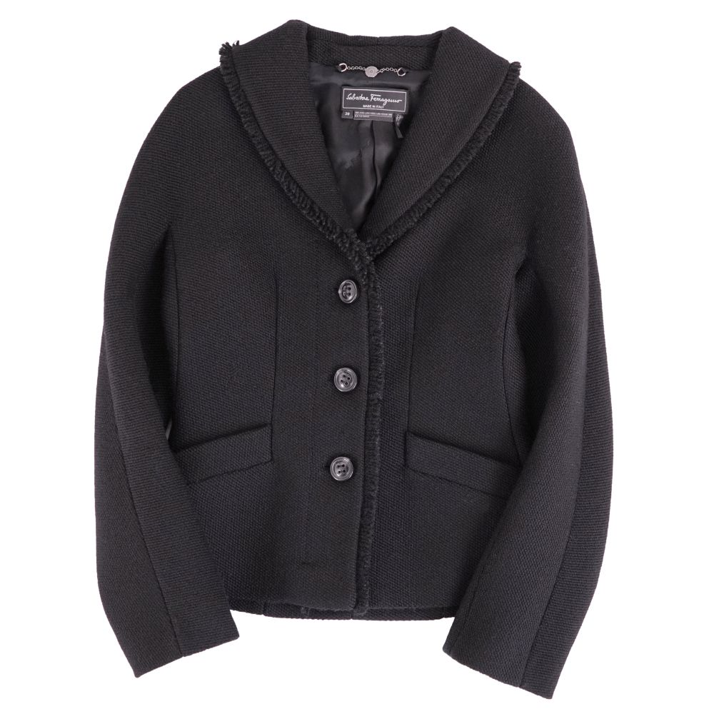 【美品】サルヴァトーレ フェラガモ Salvatore Ferragamo ジャケット ウール ツイード アウター レディース イタリア製 38(S相当) ブラック【中古】