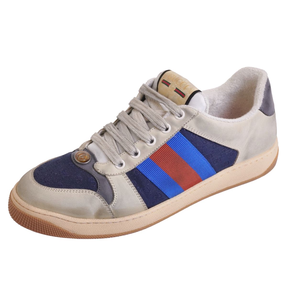【美品】グッチ GUCCI スニーカー スクリーナー GGキャンバス ローカット レースアップ ダメージ加工 イタリア製 シューズ 靴 メンズ 7(26cm相当) ベージュ/ブルー/ブラウン【中古】｜MODEST LORD 仙台 店